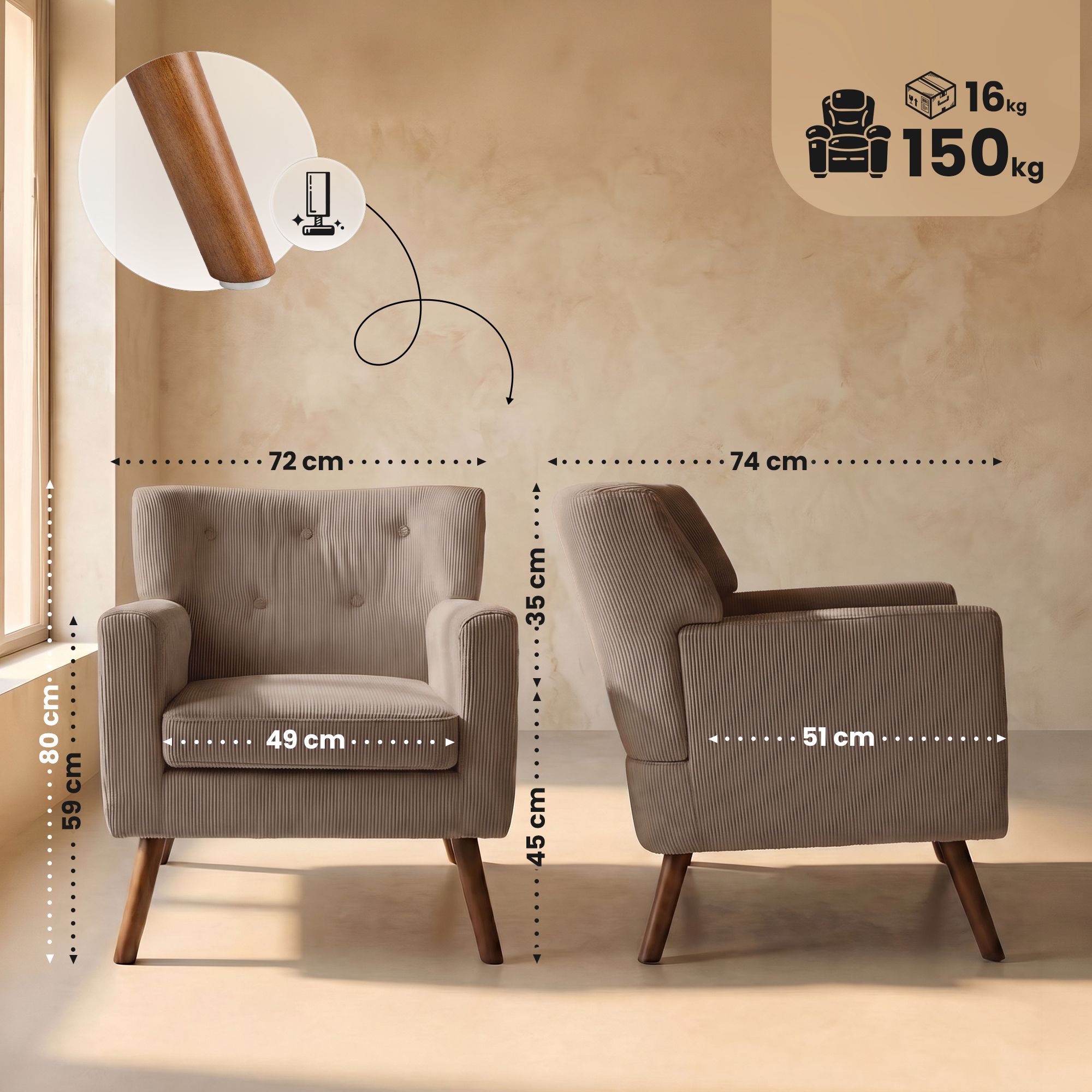 Fauteuil Kioni en velours cotele