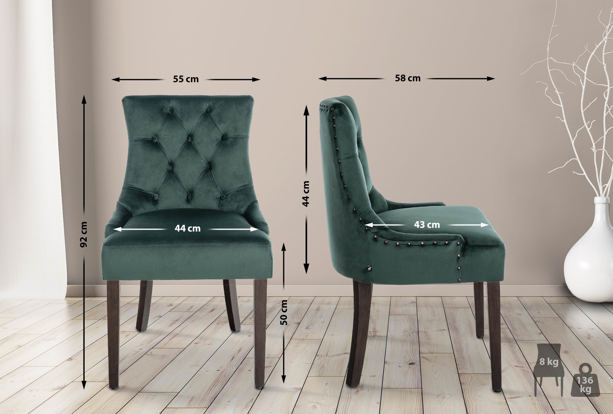 Lot de 4 Chaises de salle à manger Aberdeen en Velours Piètement en bois d'hévéa