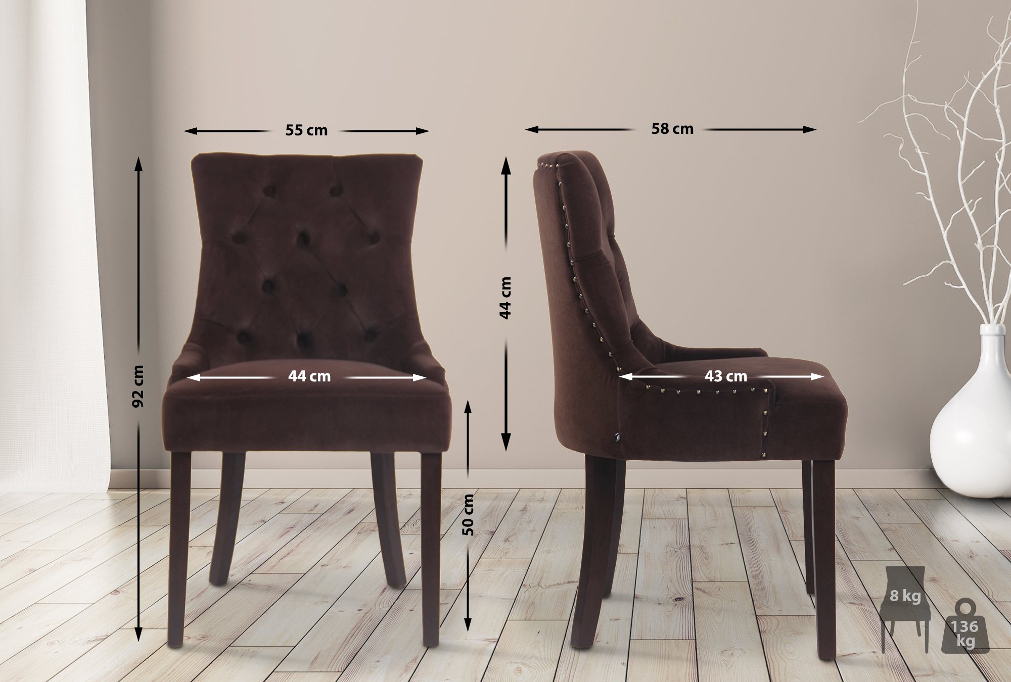 Lot de 4 Chaises de salle à manger Aberdeen en Velours Piètement en bois d'hévéa