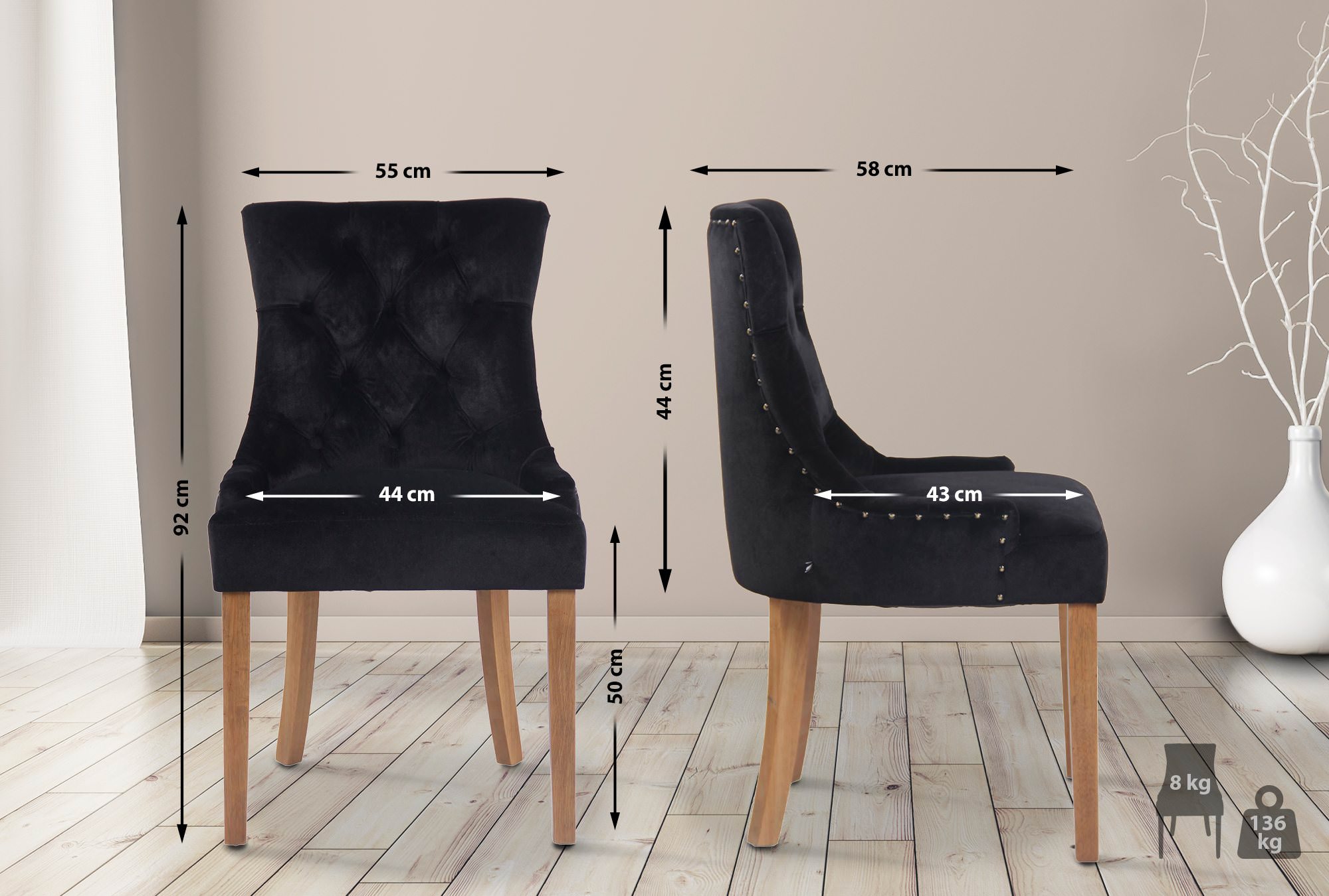 Chaise de salle à manger Aberdeen en Velours avec Piètement en bois d'hévéa