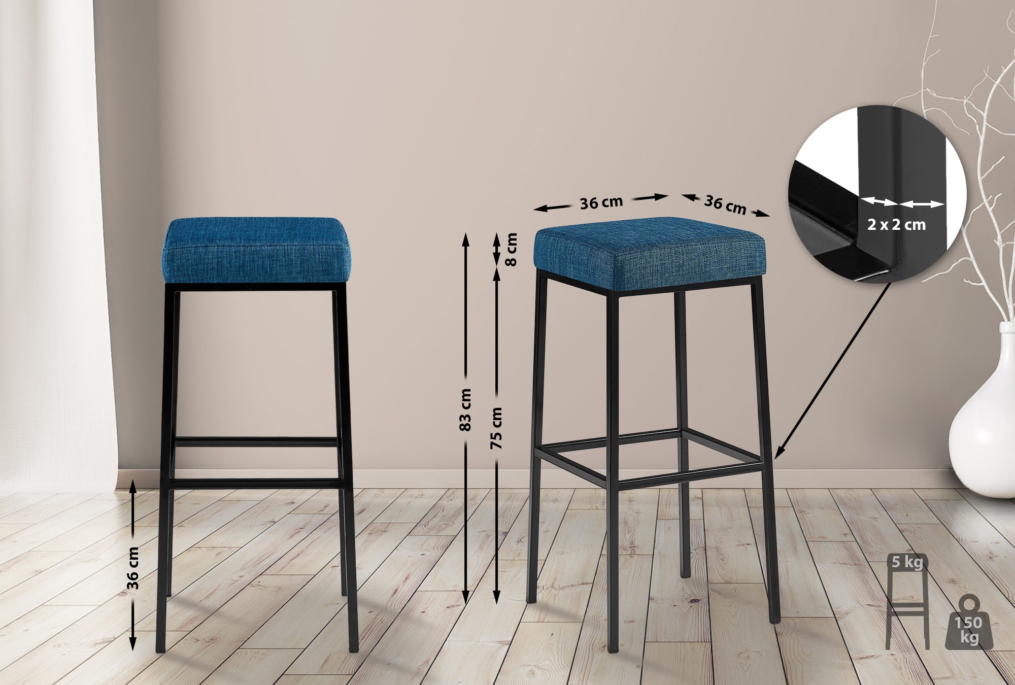 Lot de 2 tabourets de bar Montréal avec revêtement en tissu