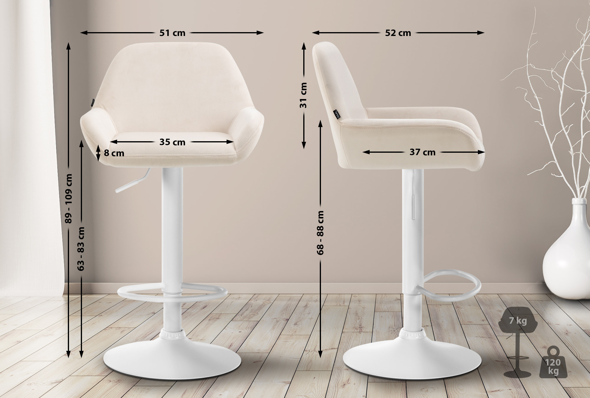 Tabouret de bar Braga Velours avec pied en métal réglable et pivotant