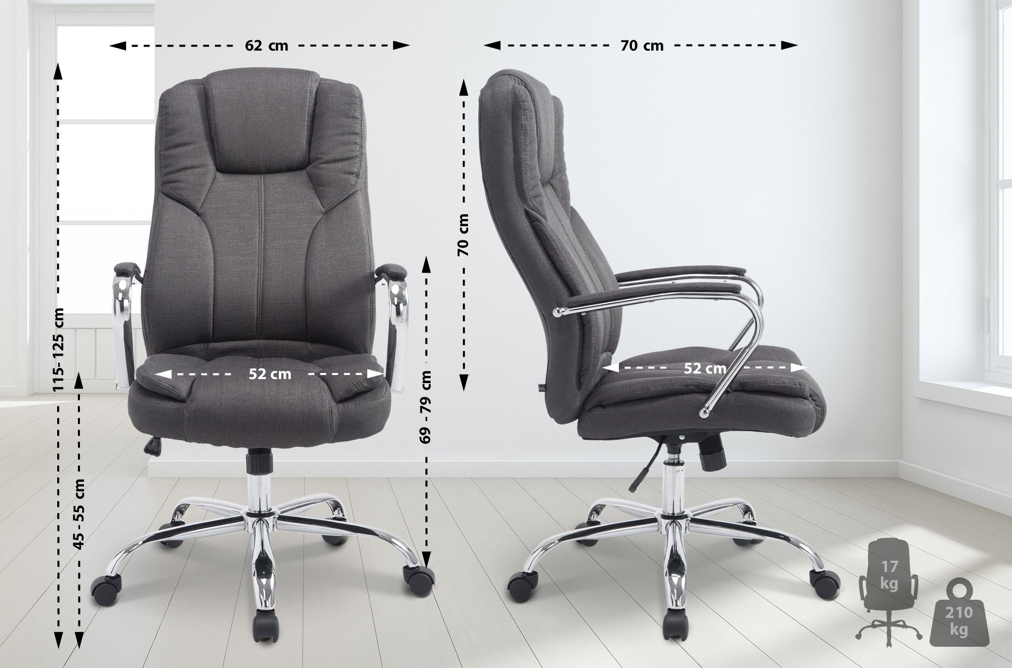 Fauteuil de bureau XXL Xanthos en Tissu capacité de charge de 210 kg