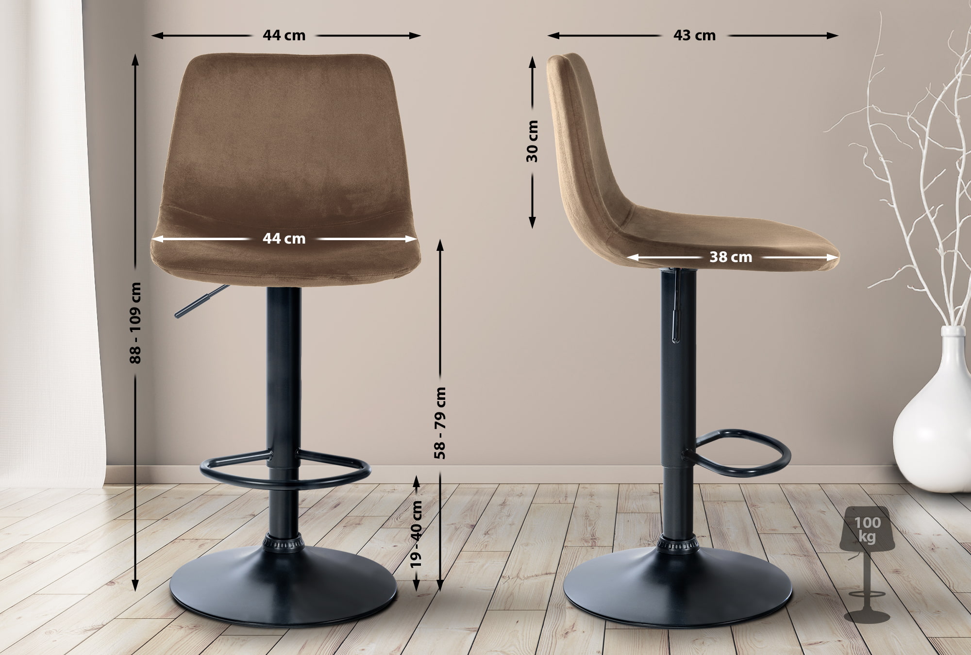 Tabouret de bar Divo en Velours Pied trompette en Métal