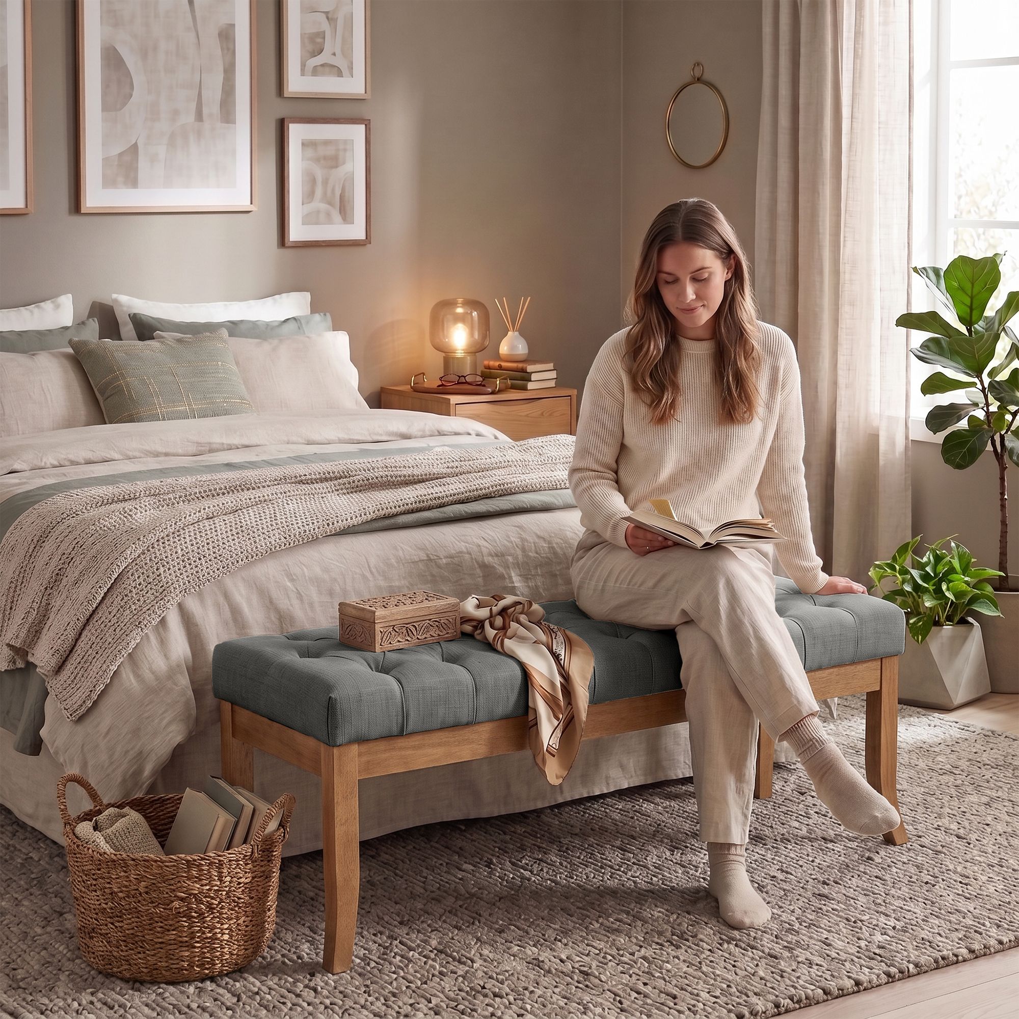 Banc Ramses tissu pieds antique clair