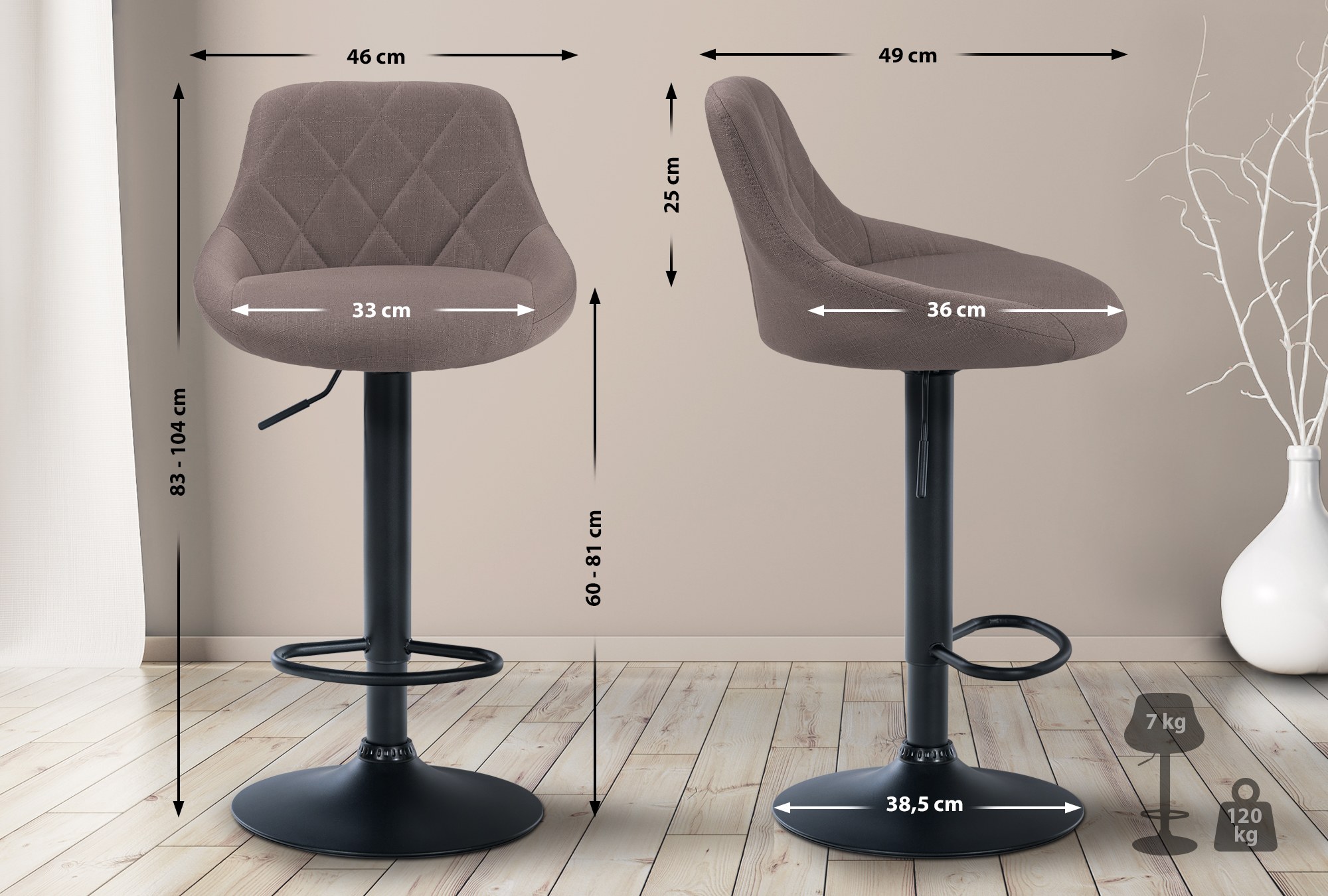 Tabouret de bar Lazio en Tissu Hauteur réglable siège pivotant