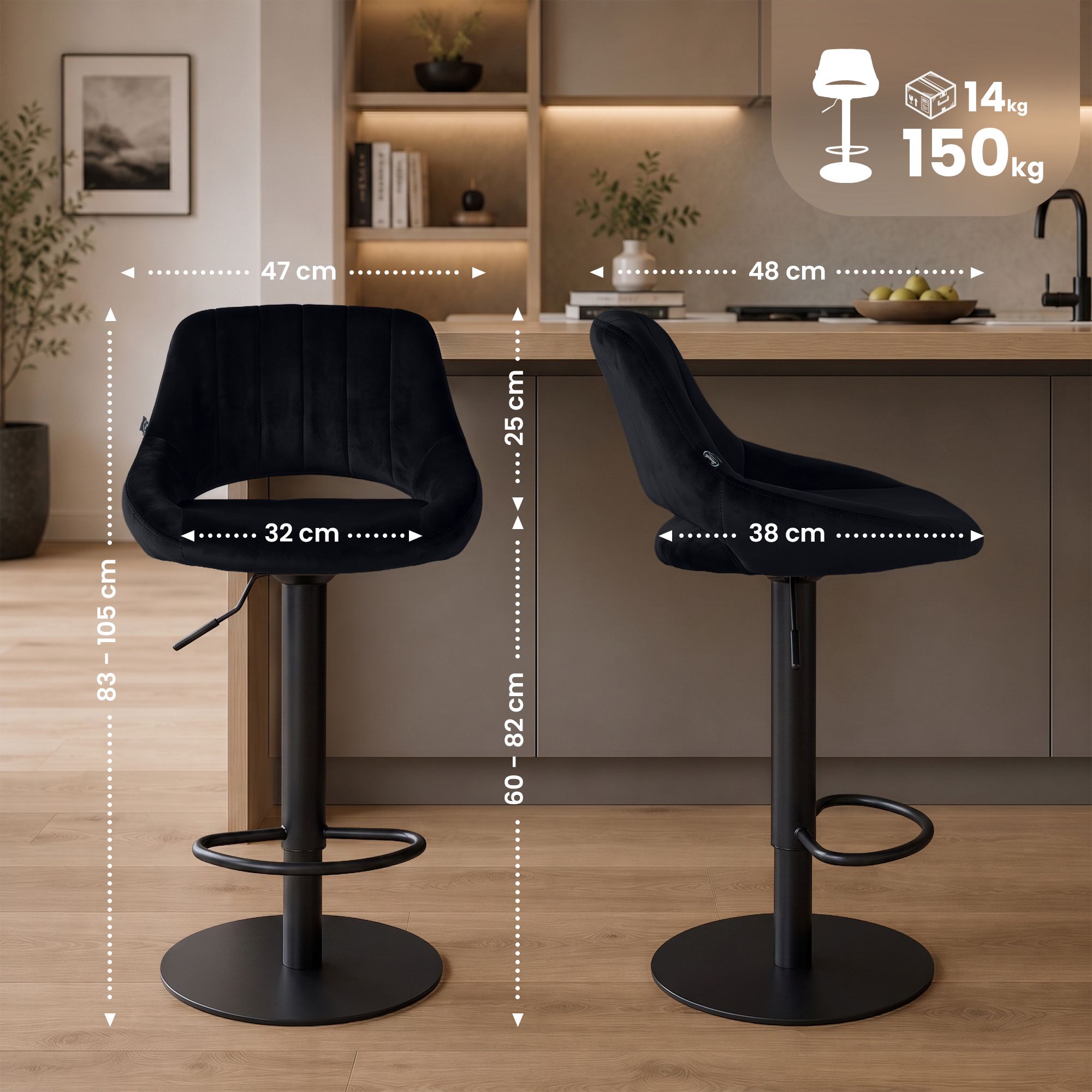 Tabouret de bar Milet noir avec pied extra lourd