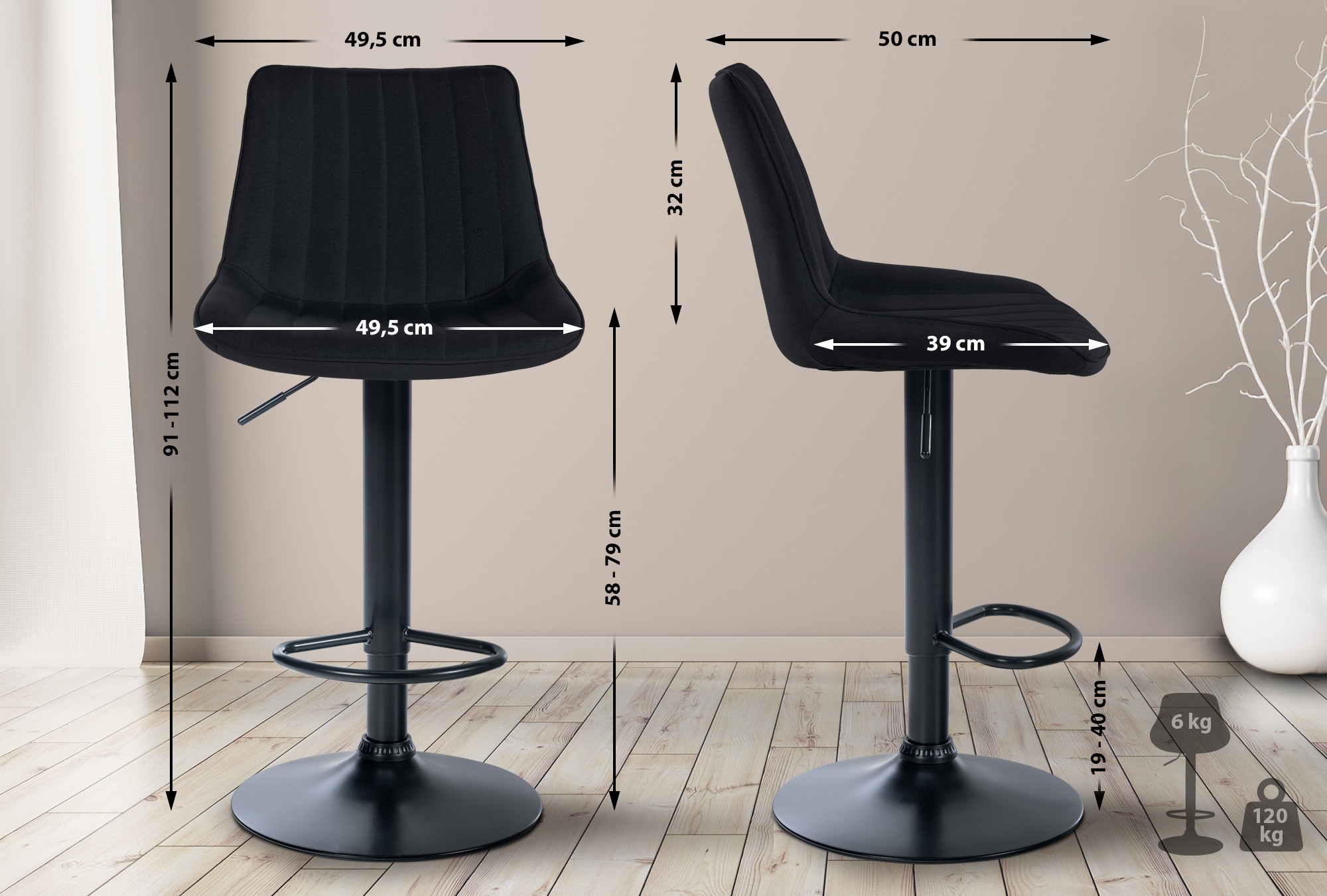 Lot de 2 tabourets de bar Toni tissu