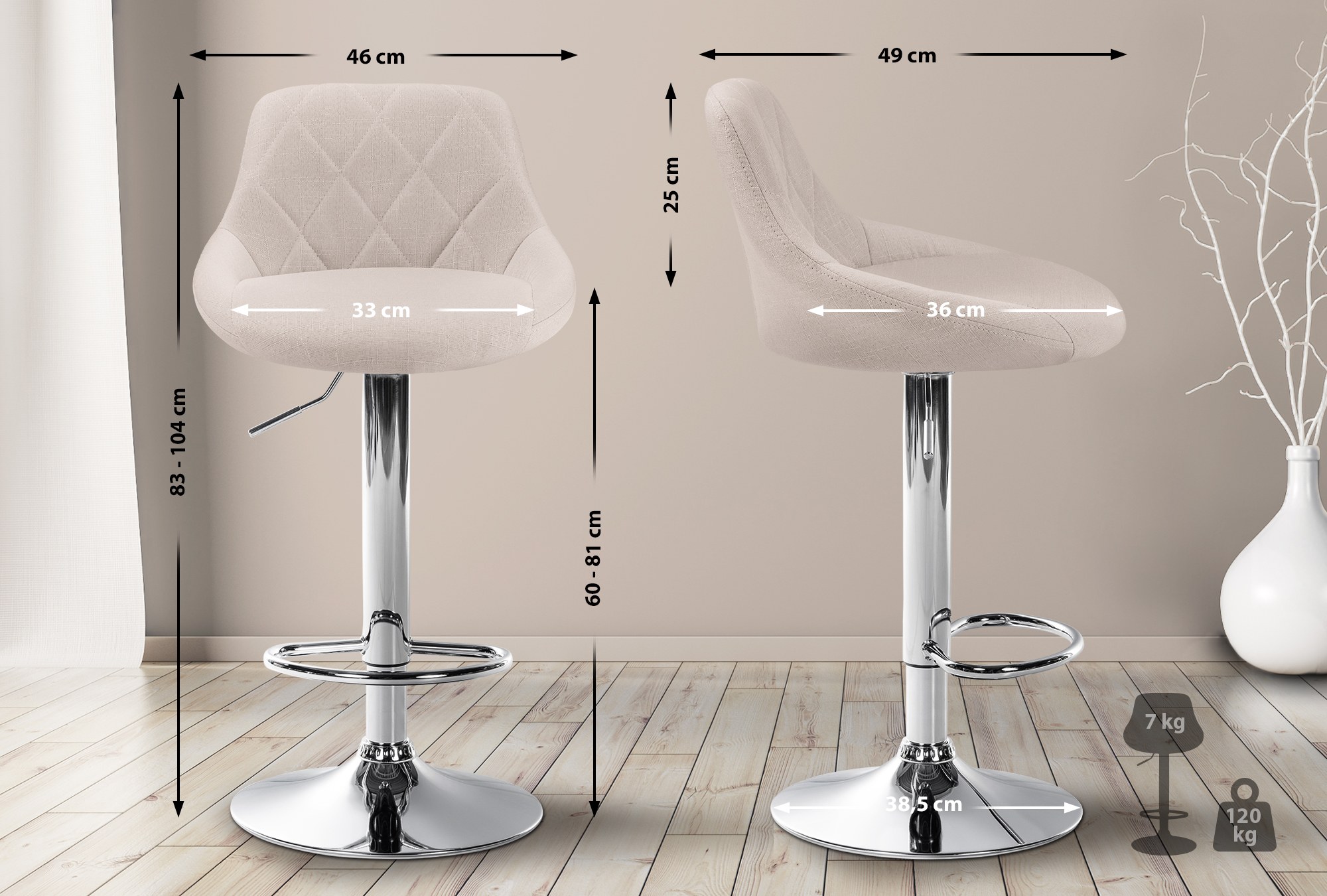 Tabouret de bar Lazio en Tissu Hauteur réglable siège pivotant