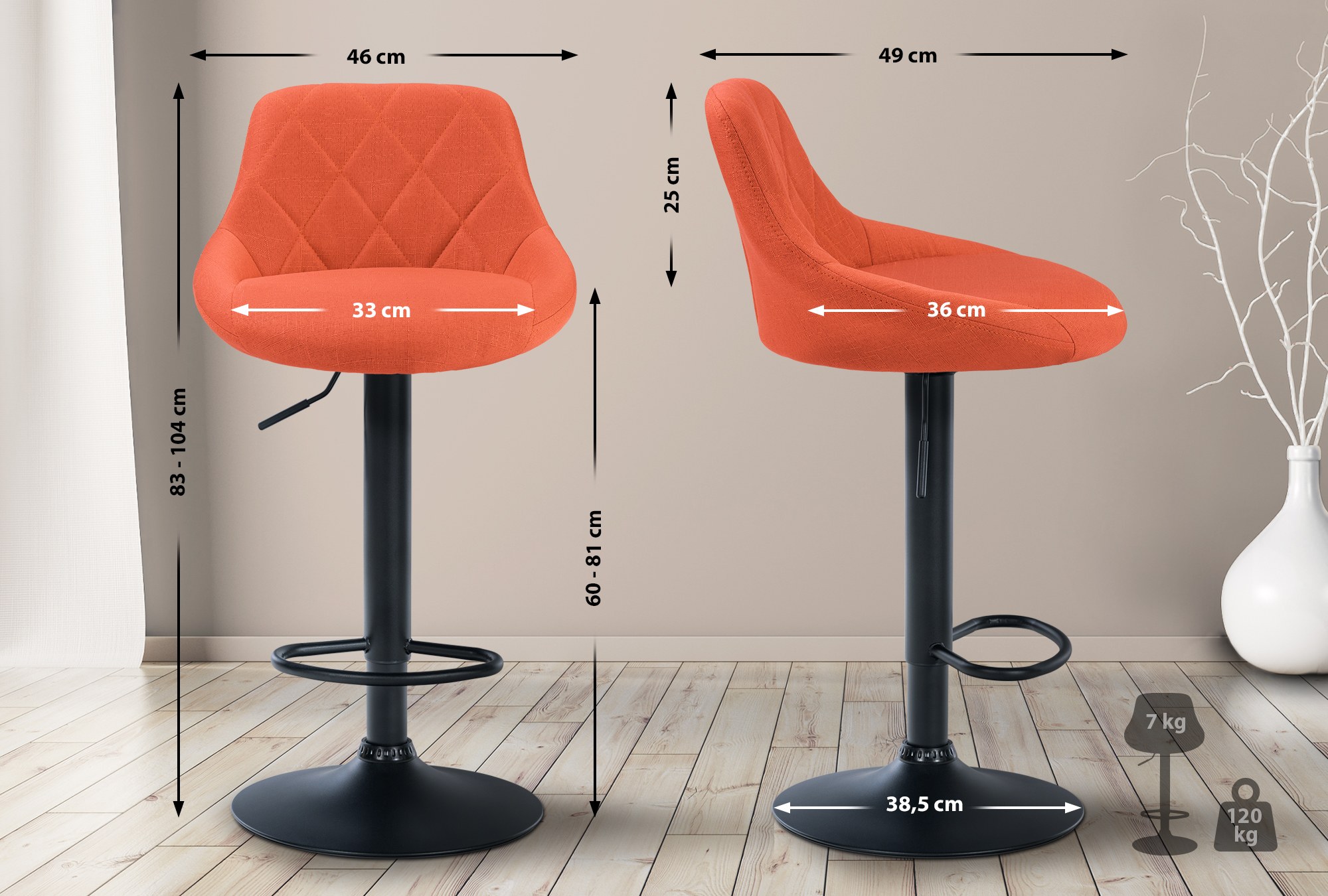 Tabouret de bar Lazio en Tissu Hauteur réglable siège pivotant