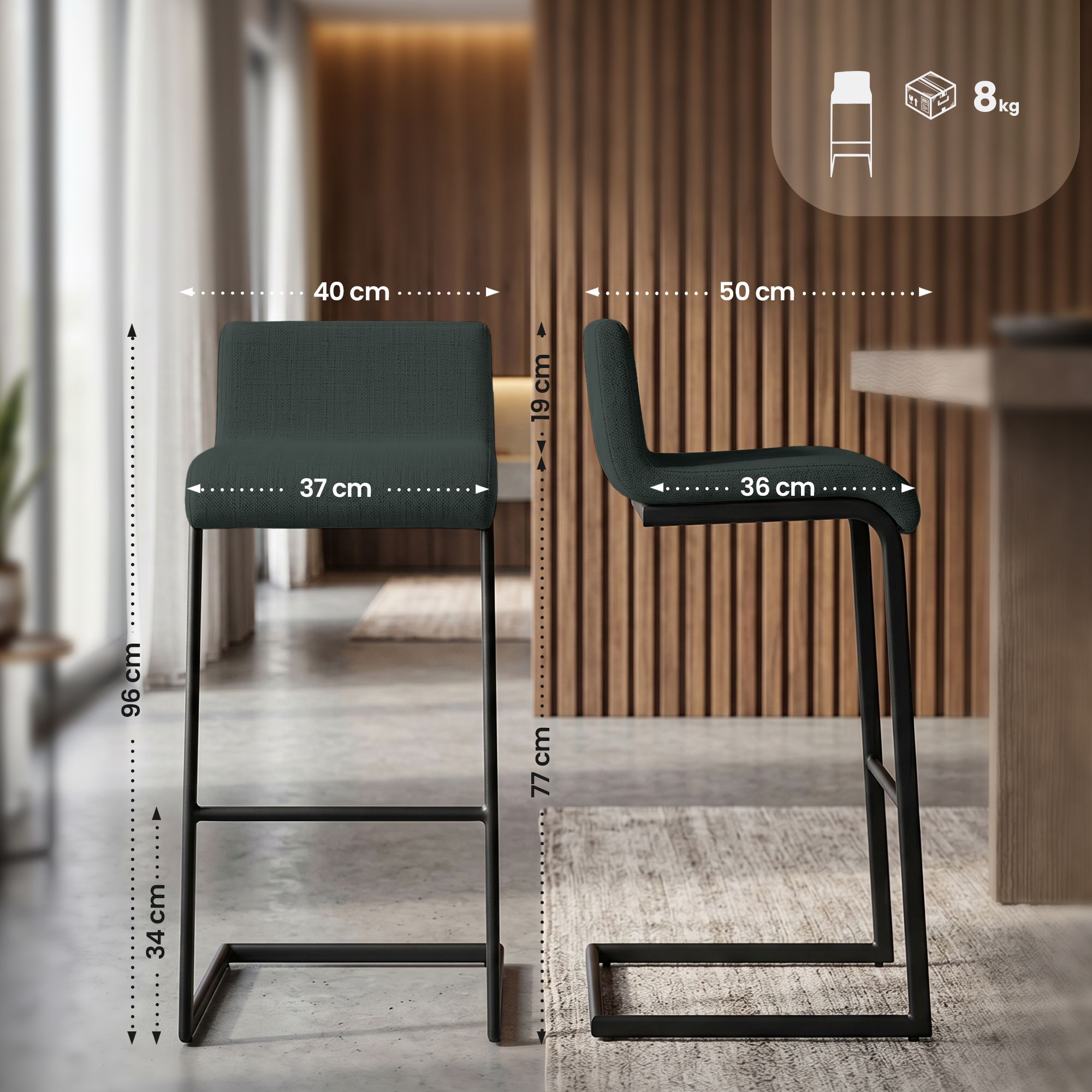 Lot de 2 Tabourets de Bar Newport, Piétement Métallique Noir