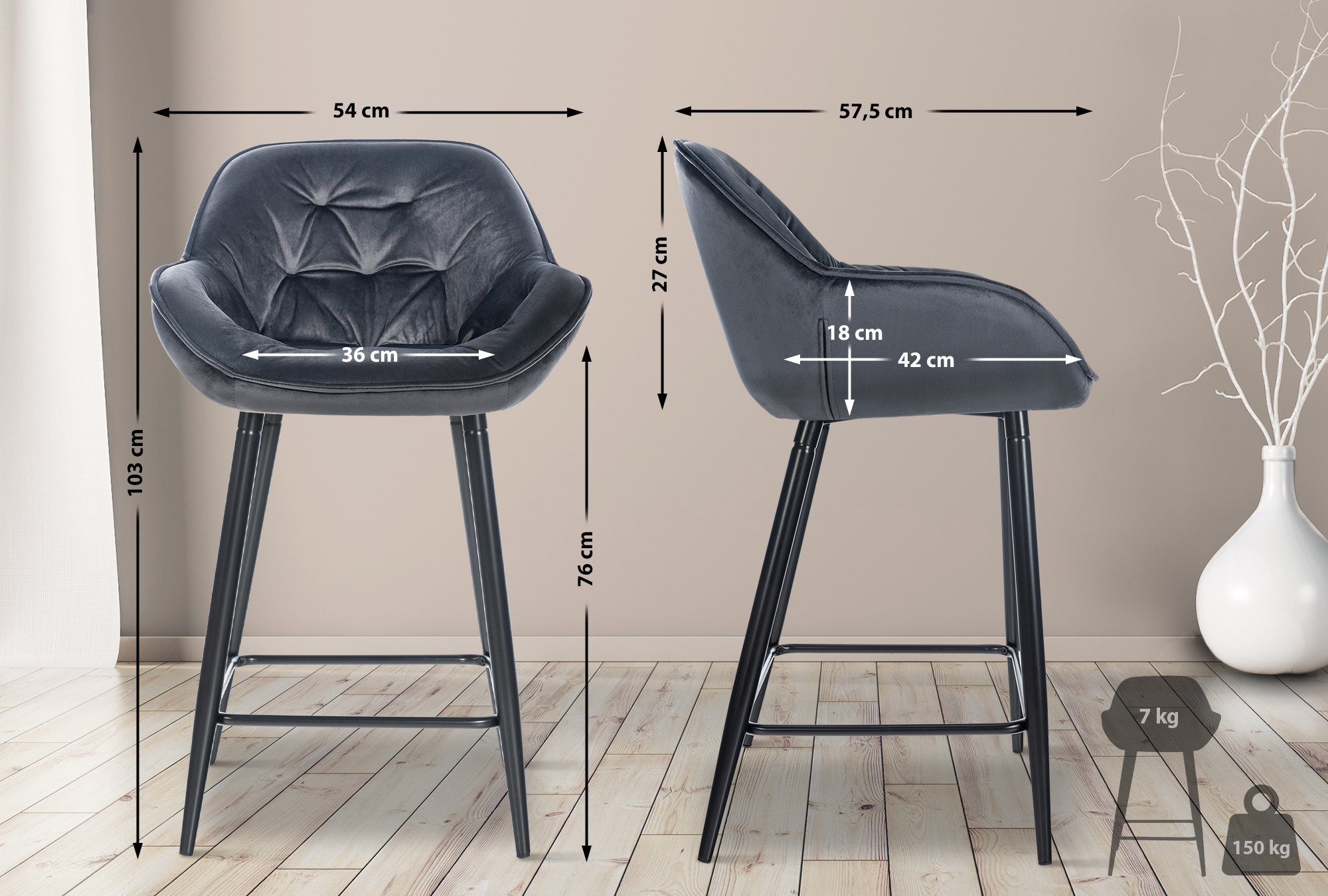 Lot de 2 tabourets de bar Gibson velours hauteur d'assise 76 cm