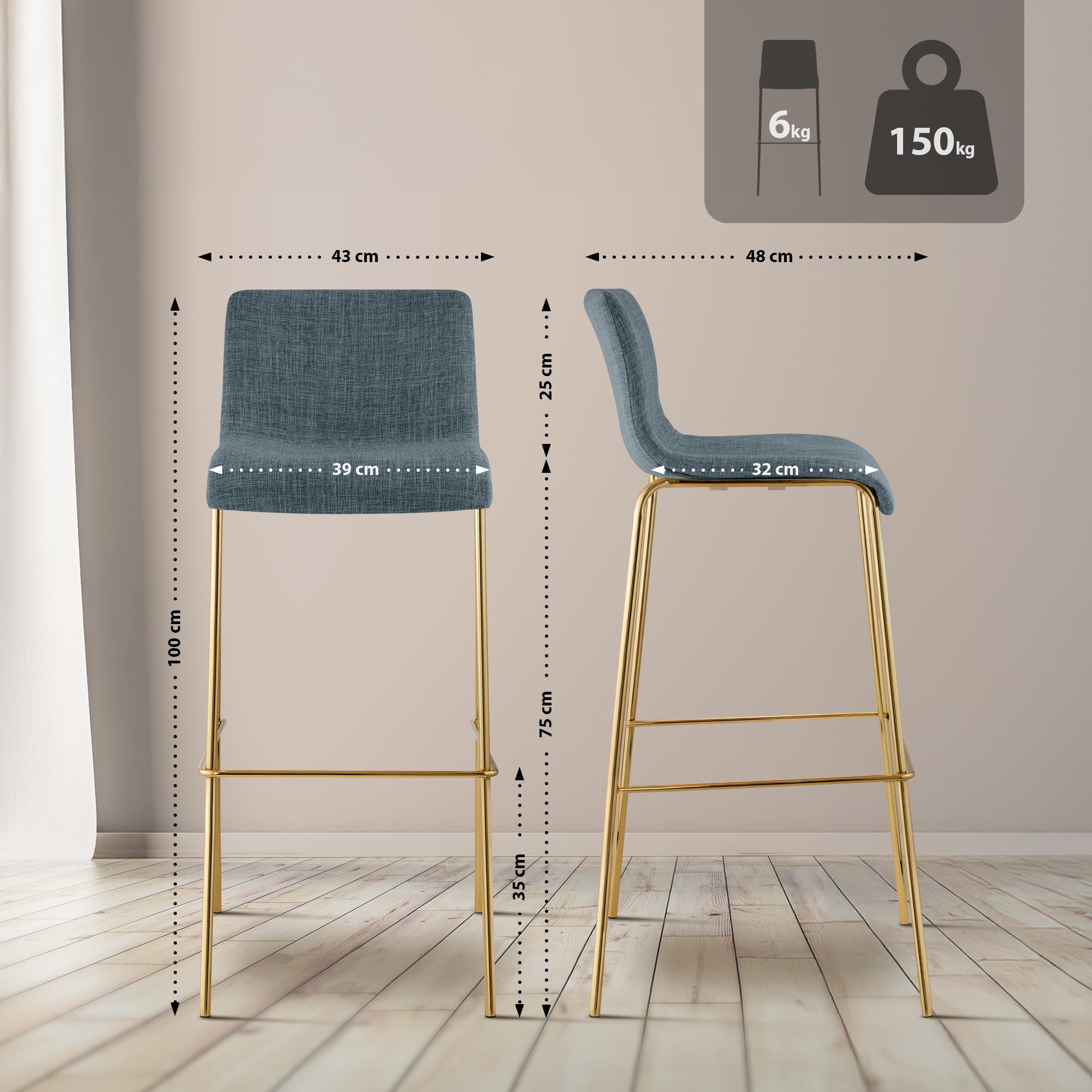 Lot de 2 Tabourets de bar Hover en tissu, piètement quatre pieds doré