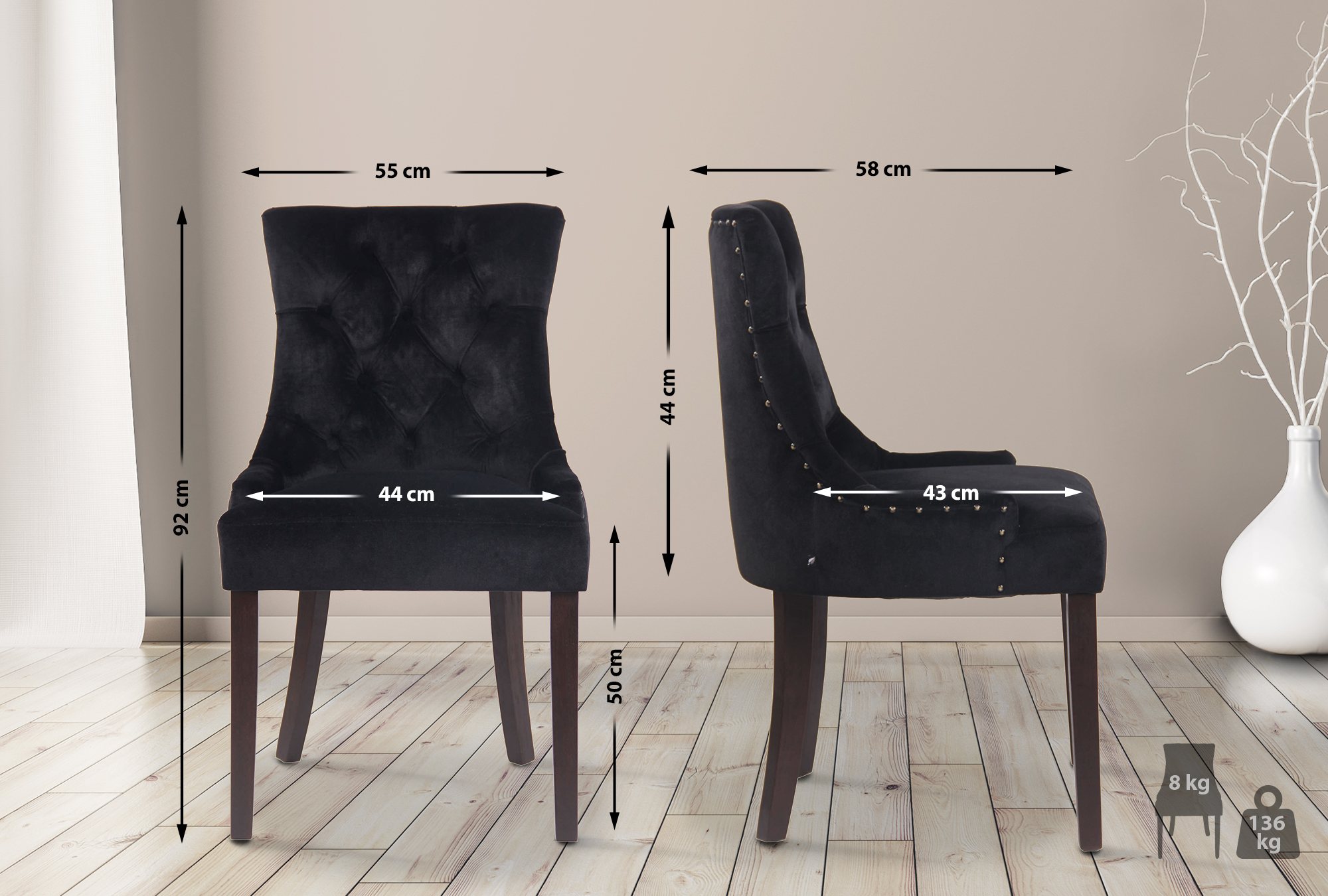 Lot de 4 Chaises de salle à manger Aberdeen en Velours Piètement en bois d'hévéa