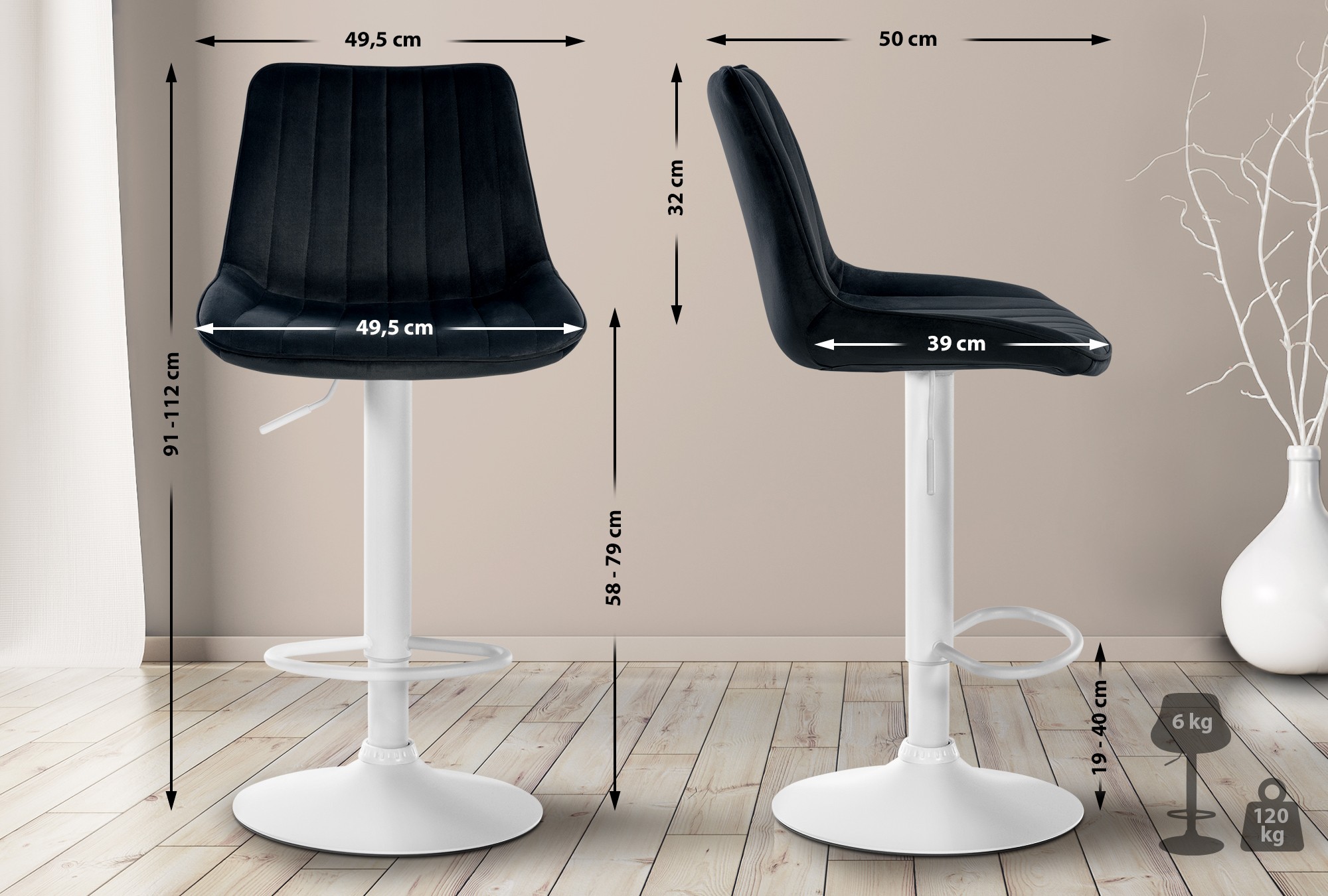 Tabouret de bar Toni en Velours Pied trompette en Métal