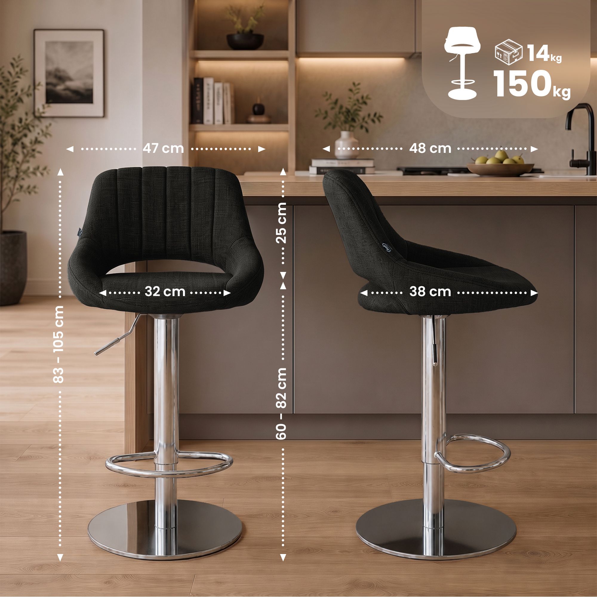 Lot de 2 tabourets de bar Milet chromés avec socles extra lourds