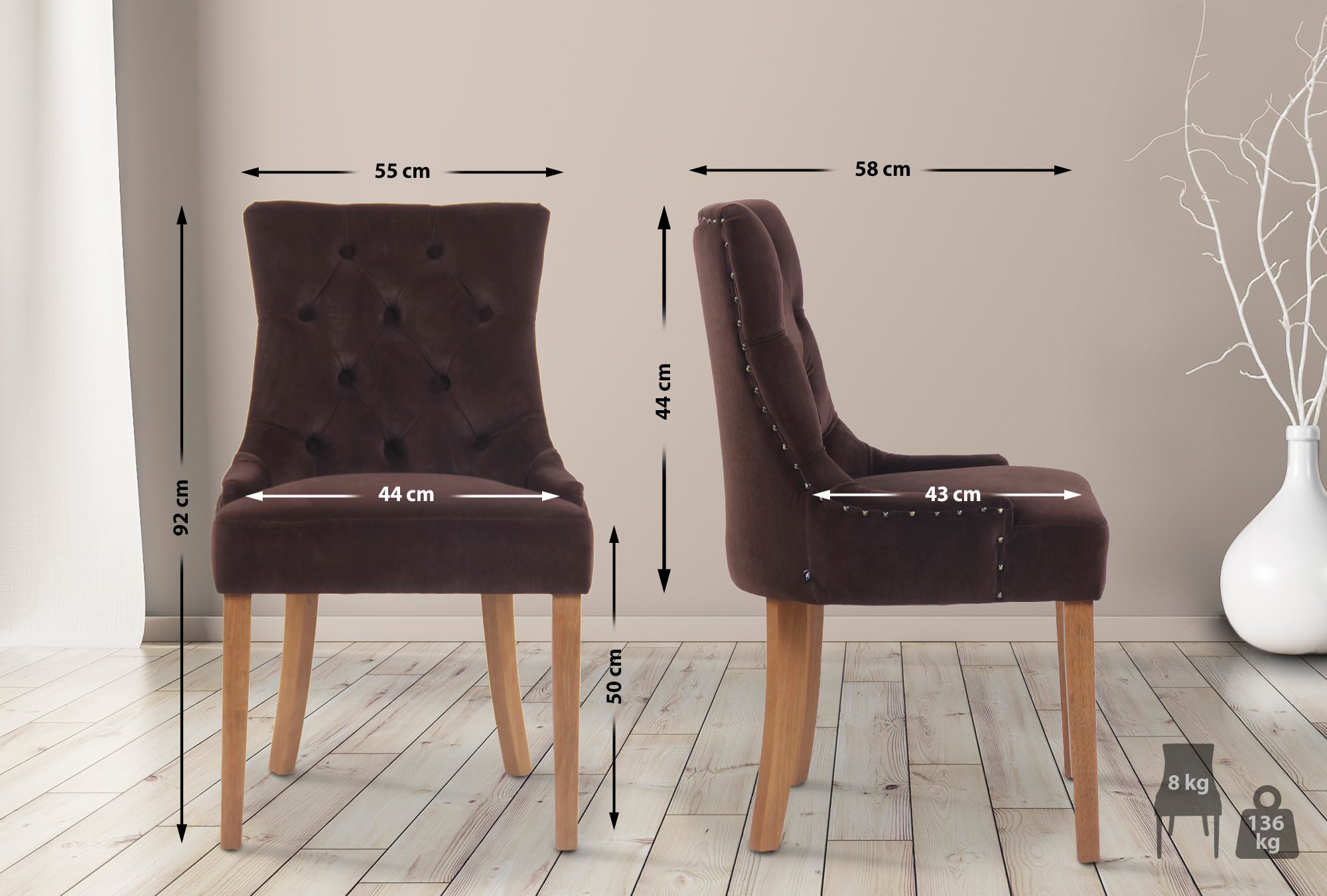 Chaise de salle à manger Aberdeen en Velours avec Piètement en bois d'hévéa