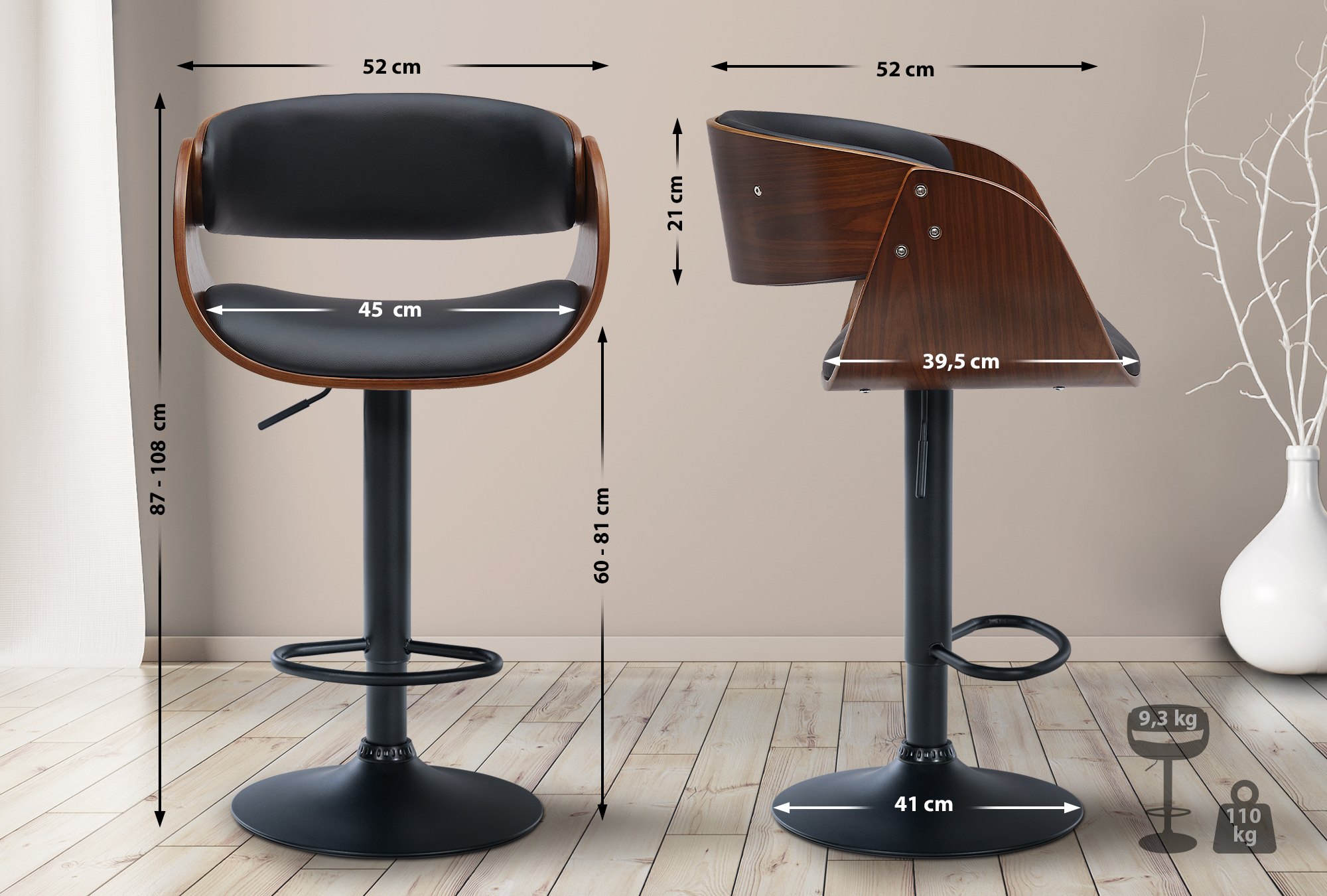 Tabouret de bar Portmore avec Coque en bois assise en similicuir