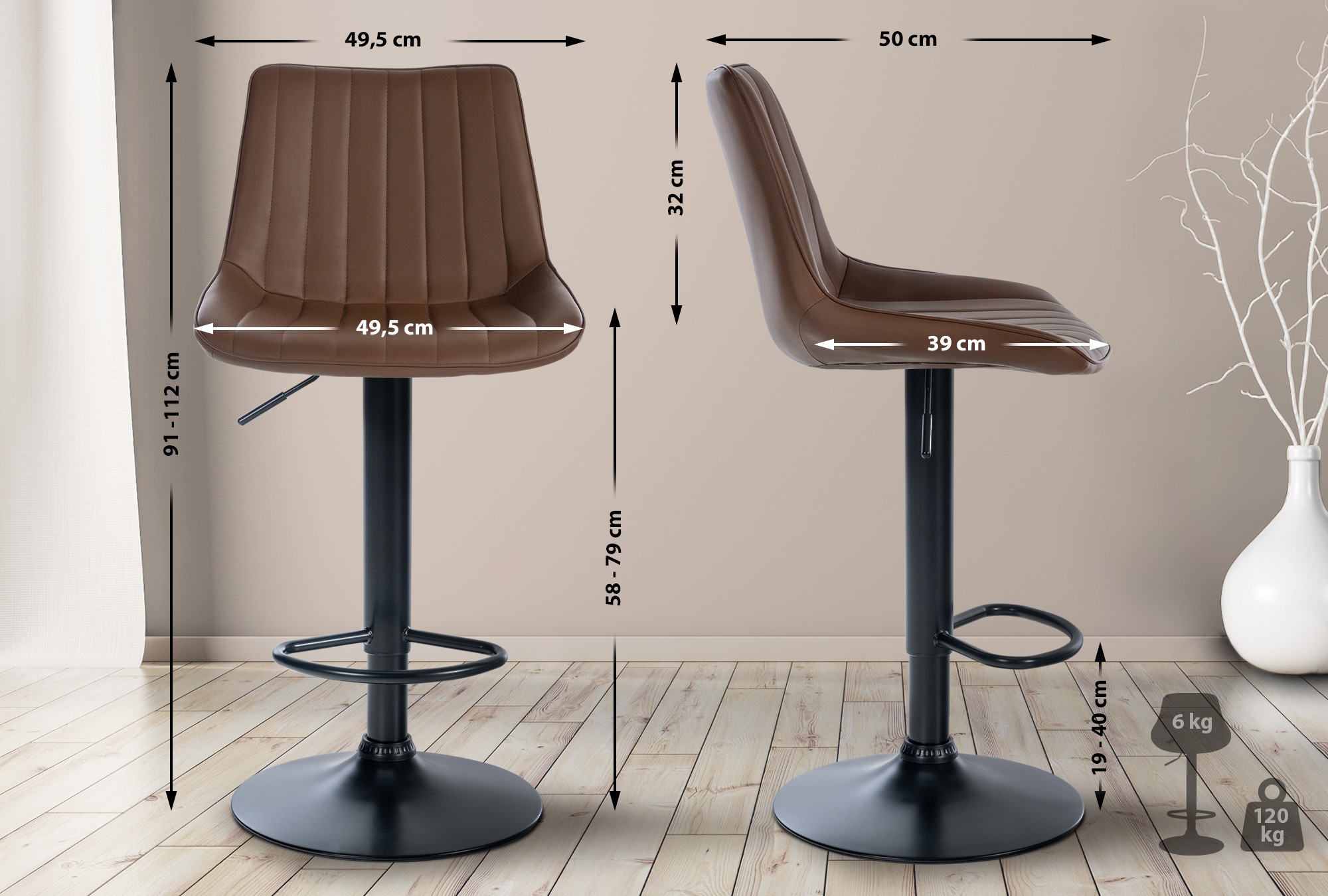 Tabouret de bar Toni en Similicuir Pied en Métal réglable pivotant