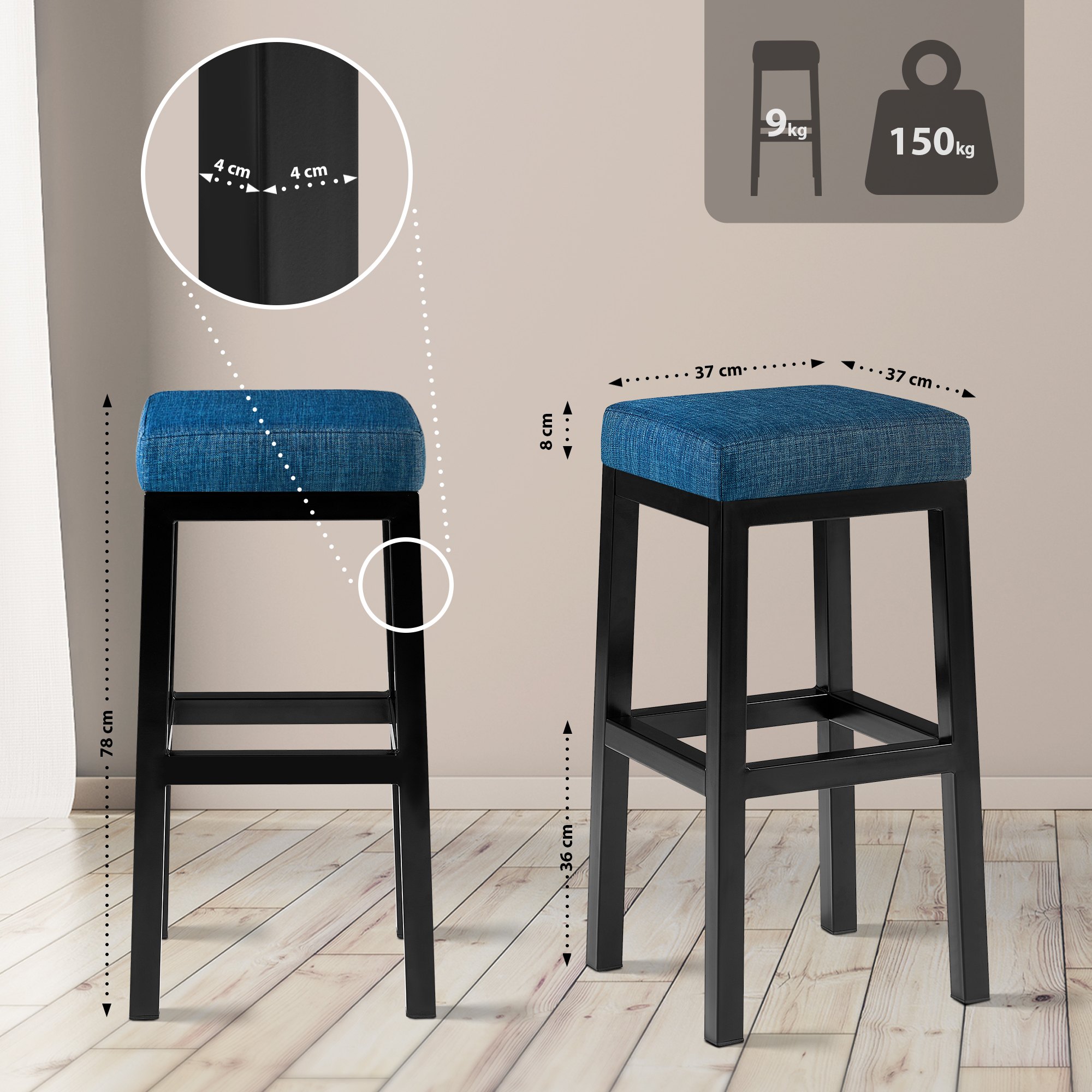 Tabouret de bar Taylor tissu hauteur d'assise 78 cm piètement métal noir