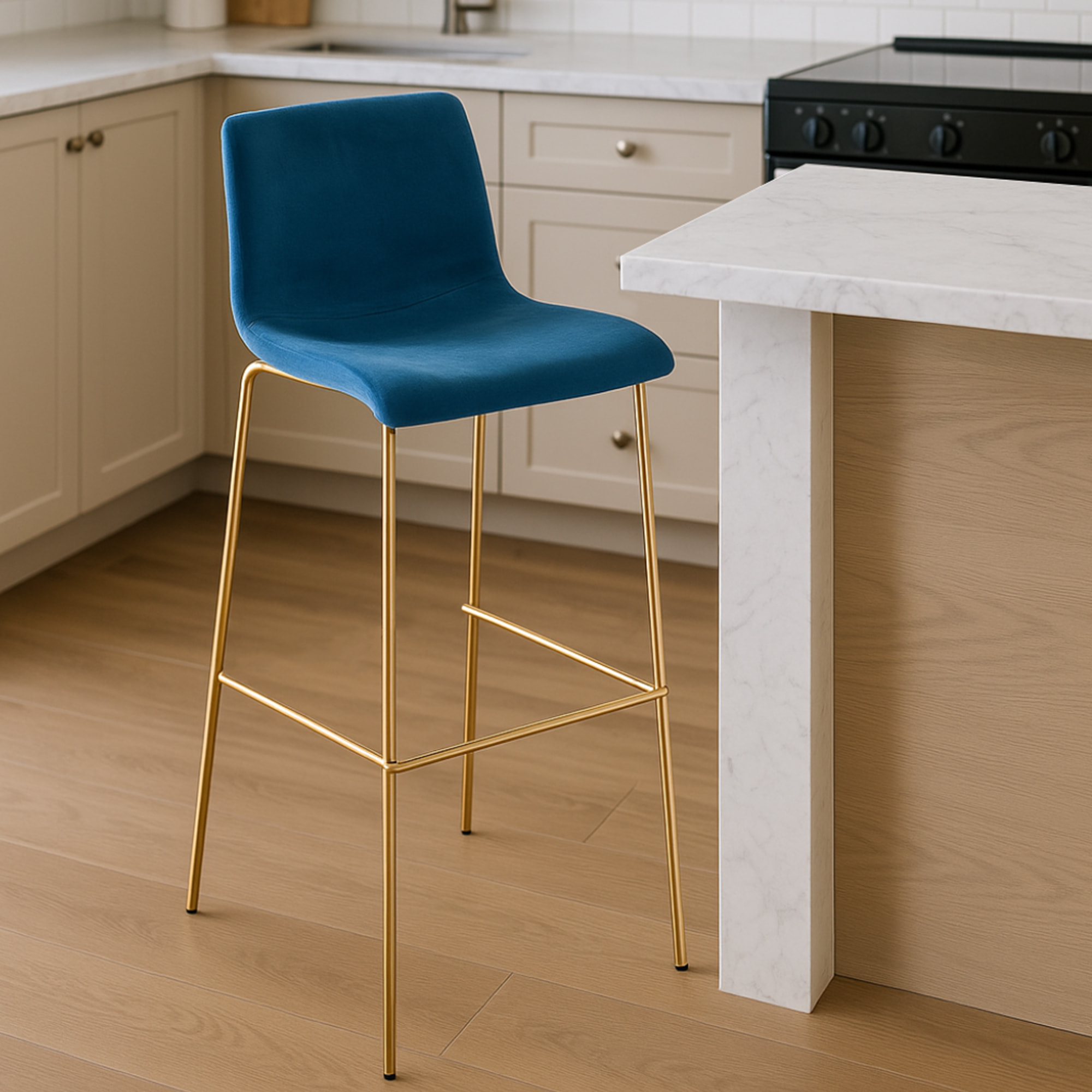 Tabouret de bar Hoover velours piètement 4 pieds or