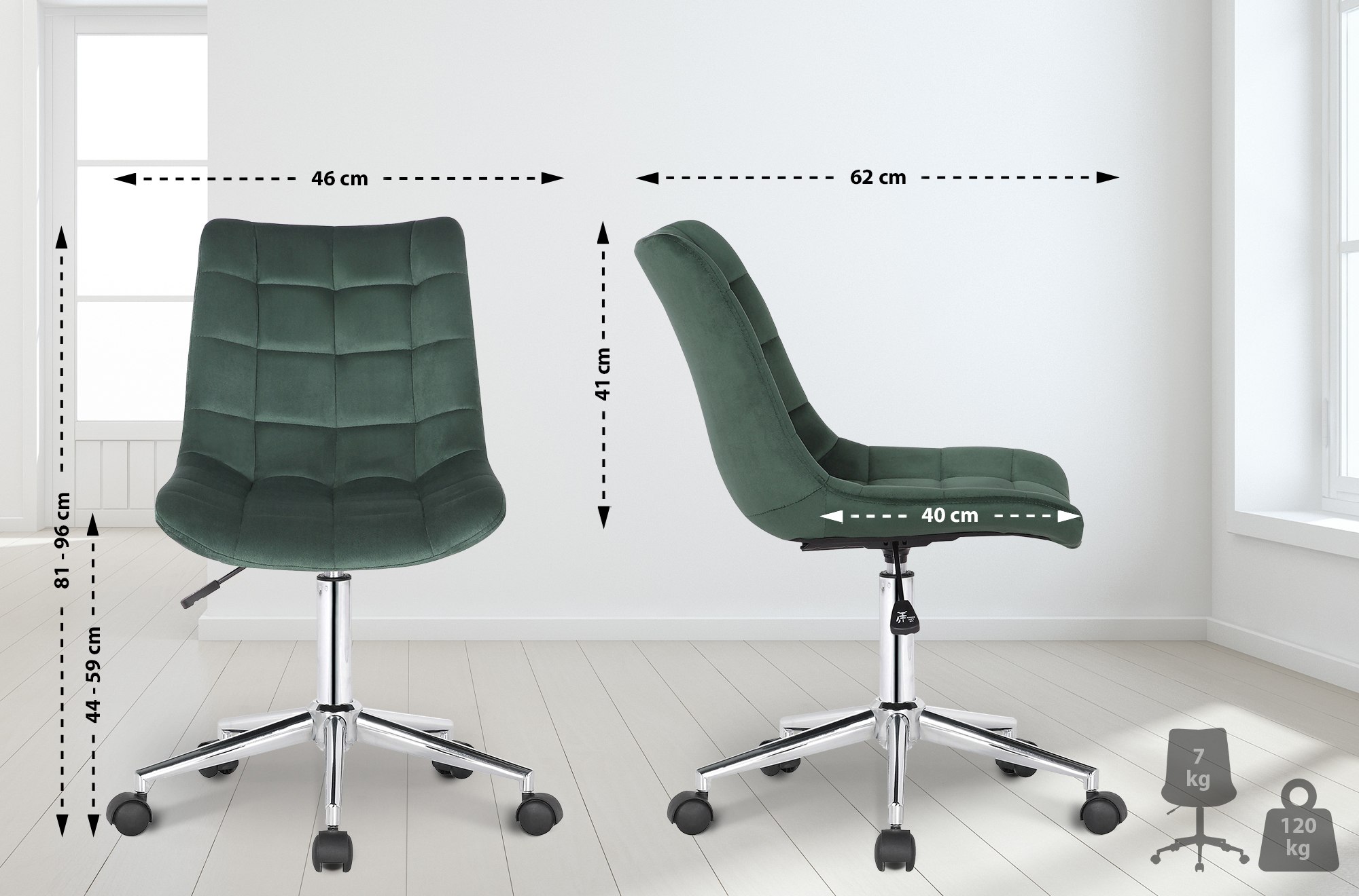 Chaise de bureau pivotant Medford en Velours avec Hauteur ajustable et Roulettes