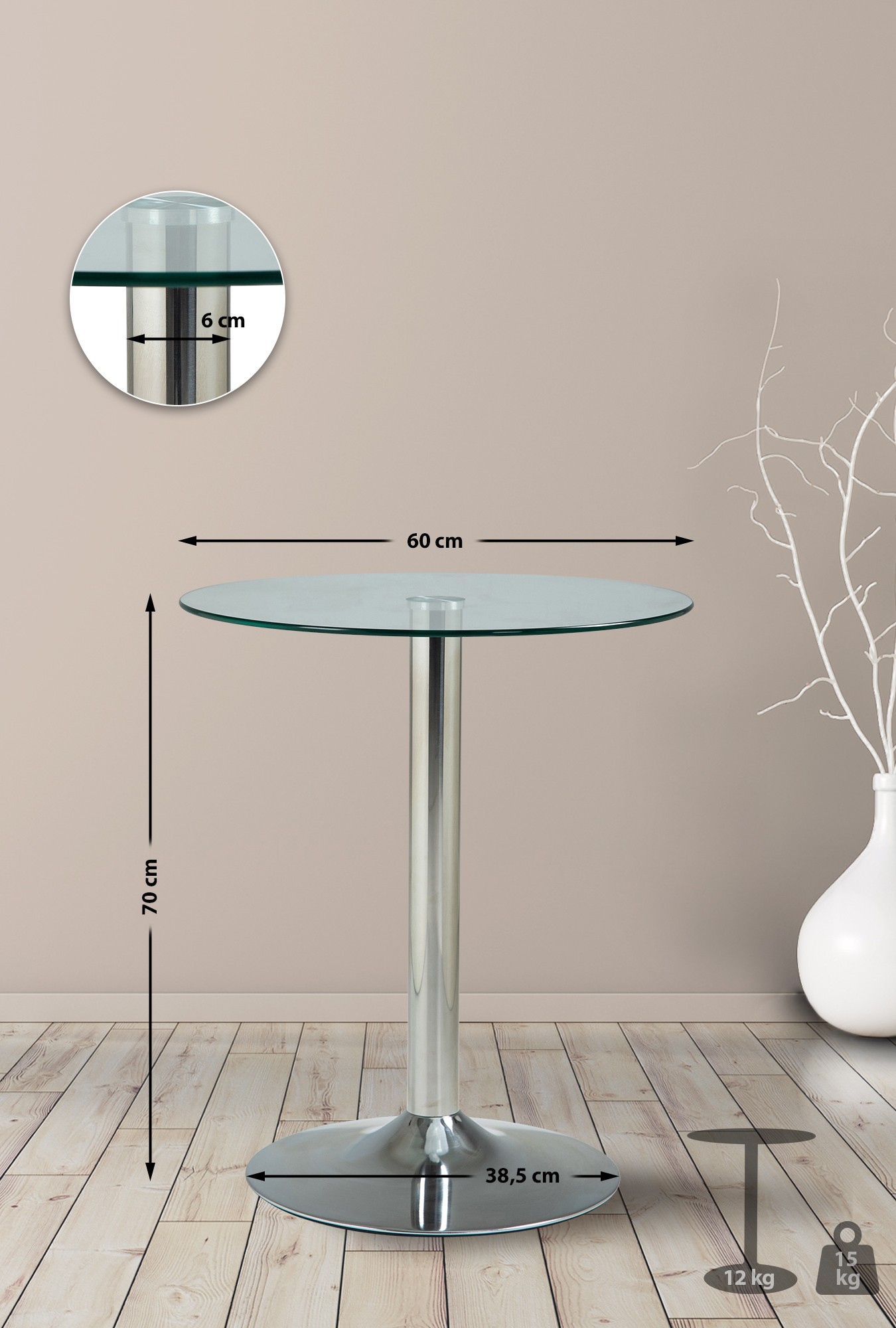 Table ronde en verre 70 cm de hauteur