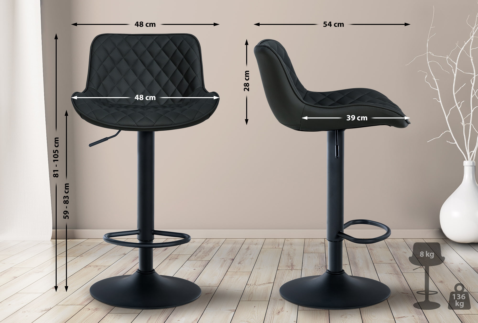 Lot de 2 Tabourets de bar Minosa réglables et pivotants