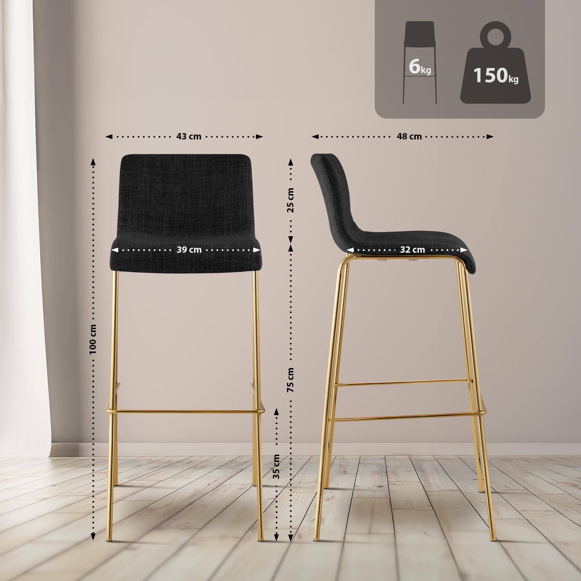 Lot de 2 Tabourets de bar Hover en tissu, piètement quatre pieds doré