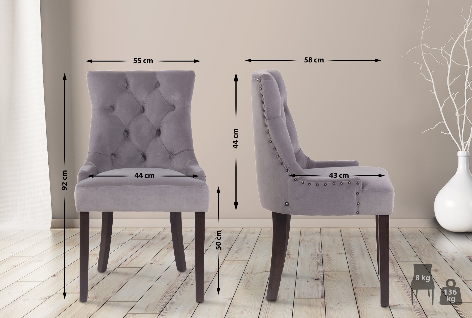 Lot de 4 Chaises de salle à manger Aberdeen en Velours Piètement en bois d'hévéa