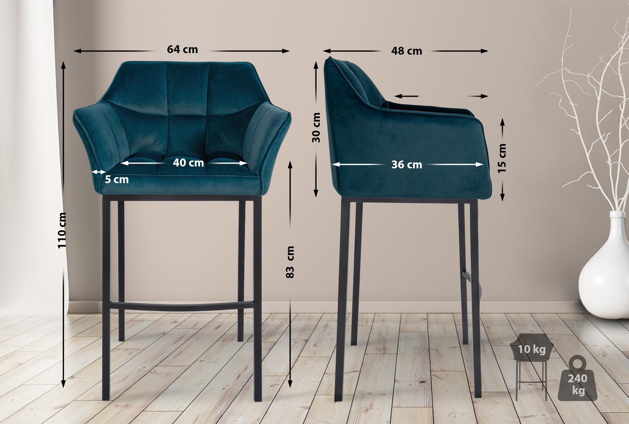 Lot de 2 tabourets de bar Damaso en velours avec piètement à quatre pieds