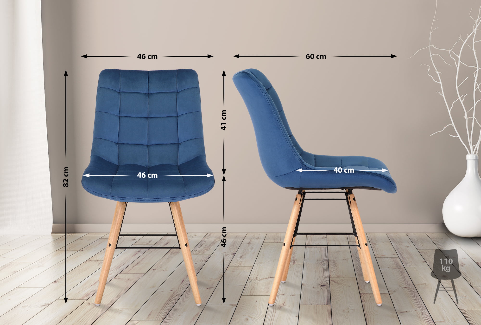 Lot de 2 chaises de salle à manger Leni velours