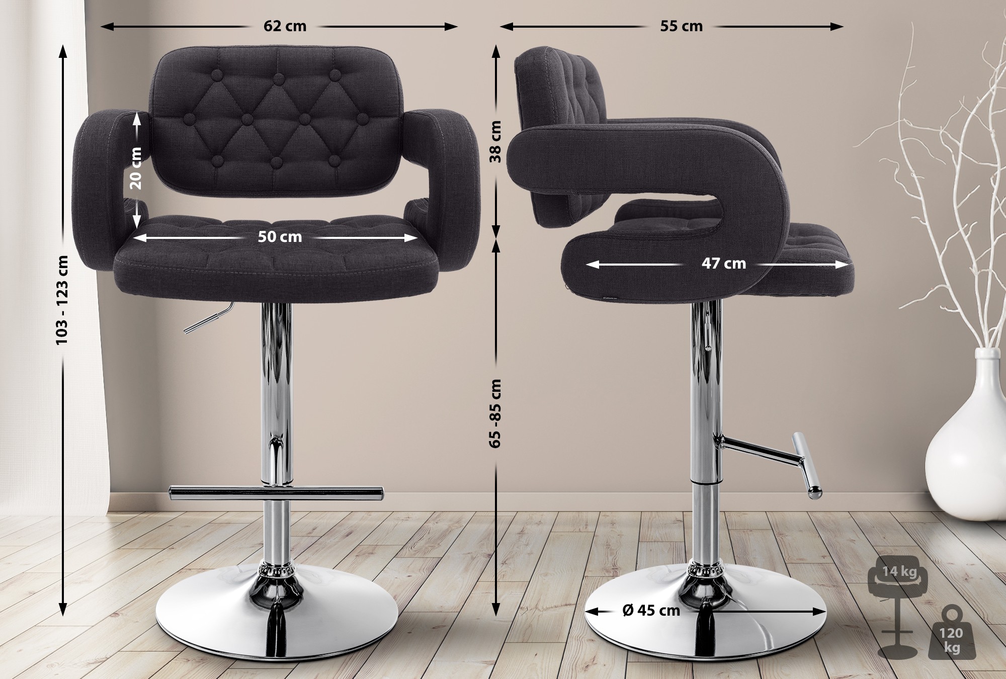 Lot de 2 tabourets de bar Dublin en tissu