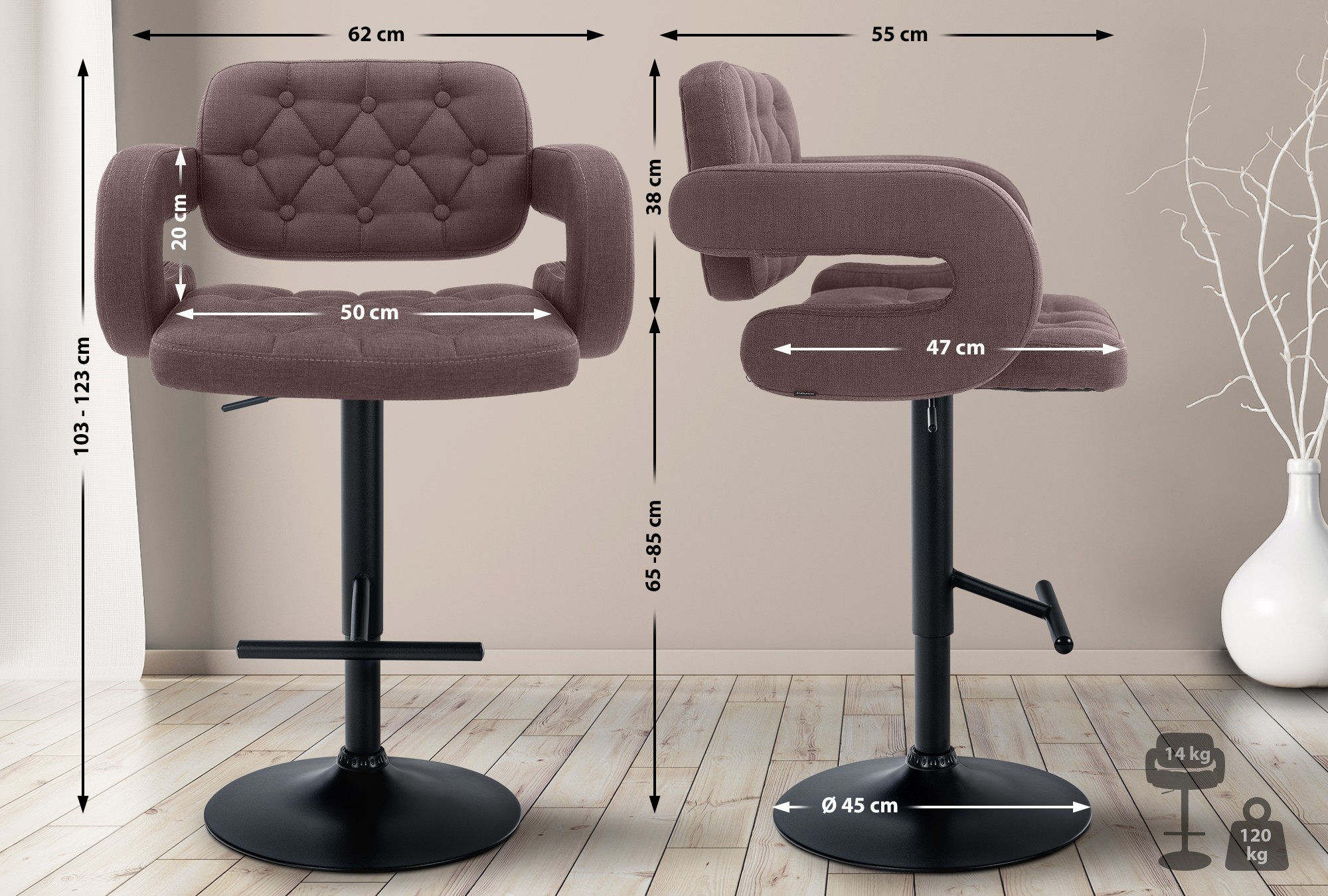 Tabouret de bar Dublin Tissu avec pied en métal