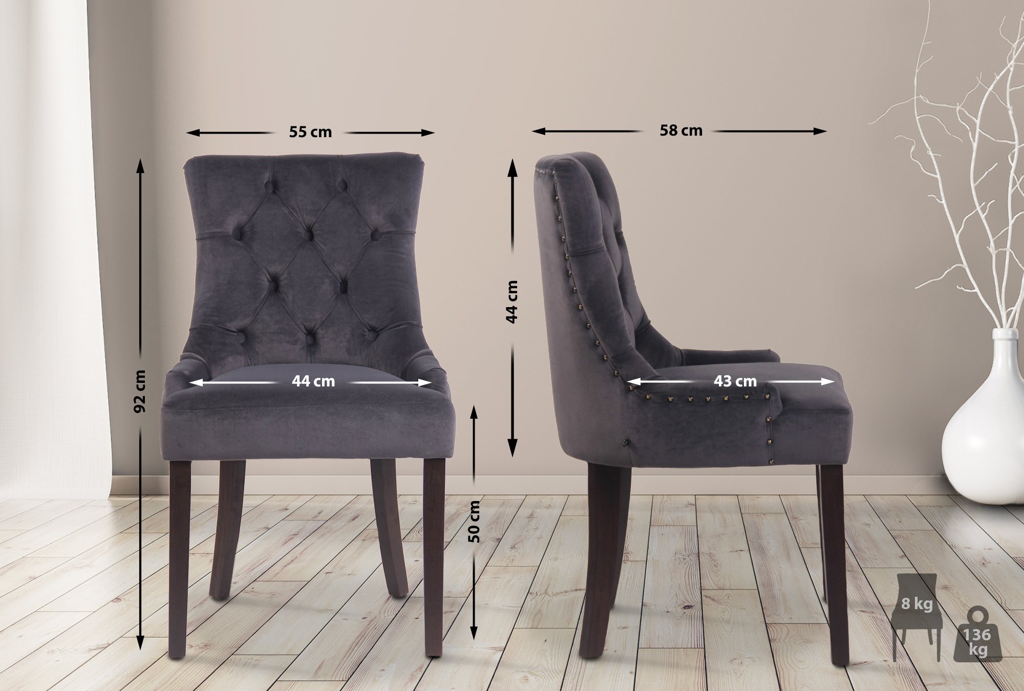 Lot de 4 Chaises de salle à manger Aberdeen en Velours Piètement en bois d'hévéa