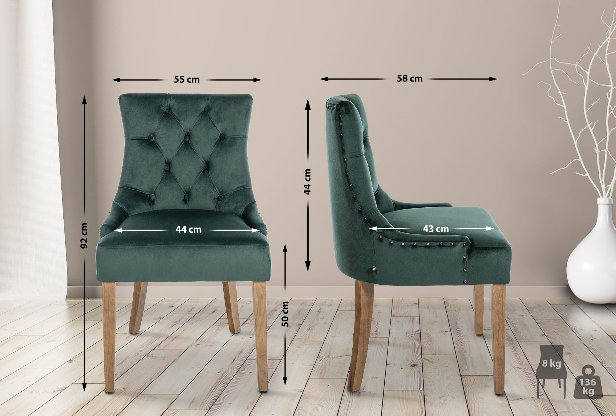 Chaise de salle à manger Aberdeen en Velours avec Piètement en bois d'hévéa
