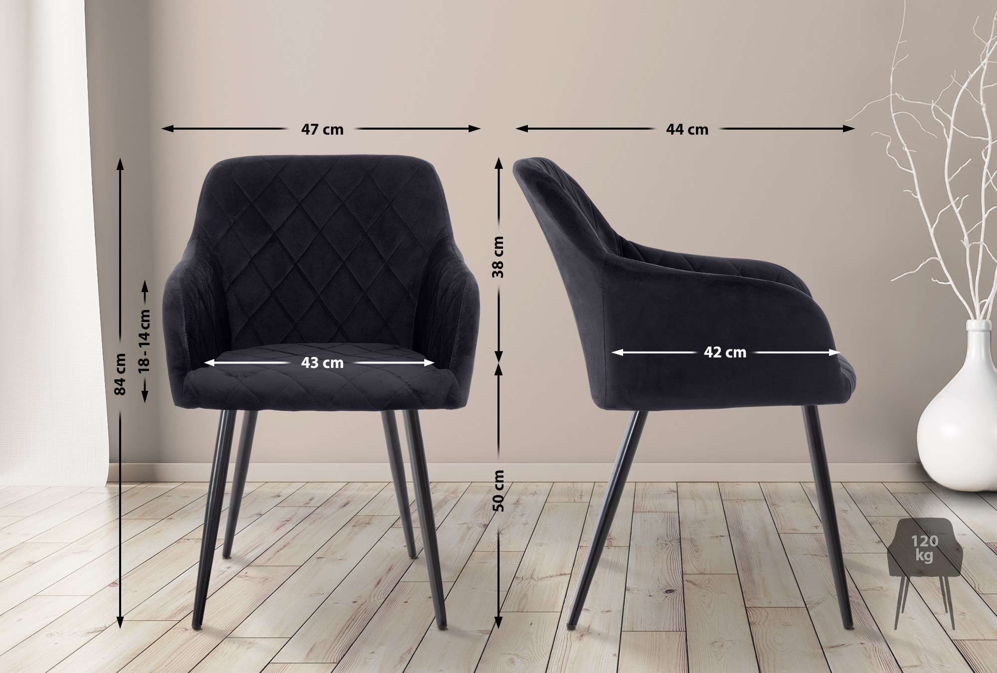 Lot de 2 chaises de salle à manger Shila avec Piètement en Métal noir