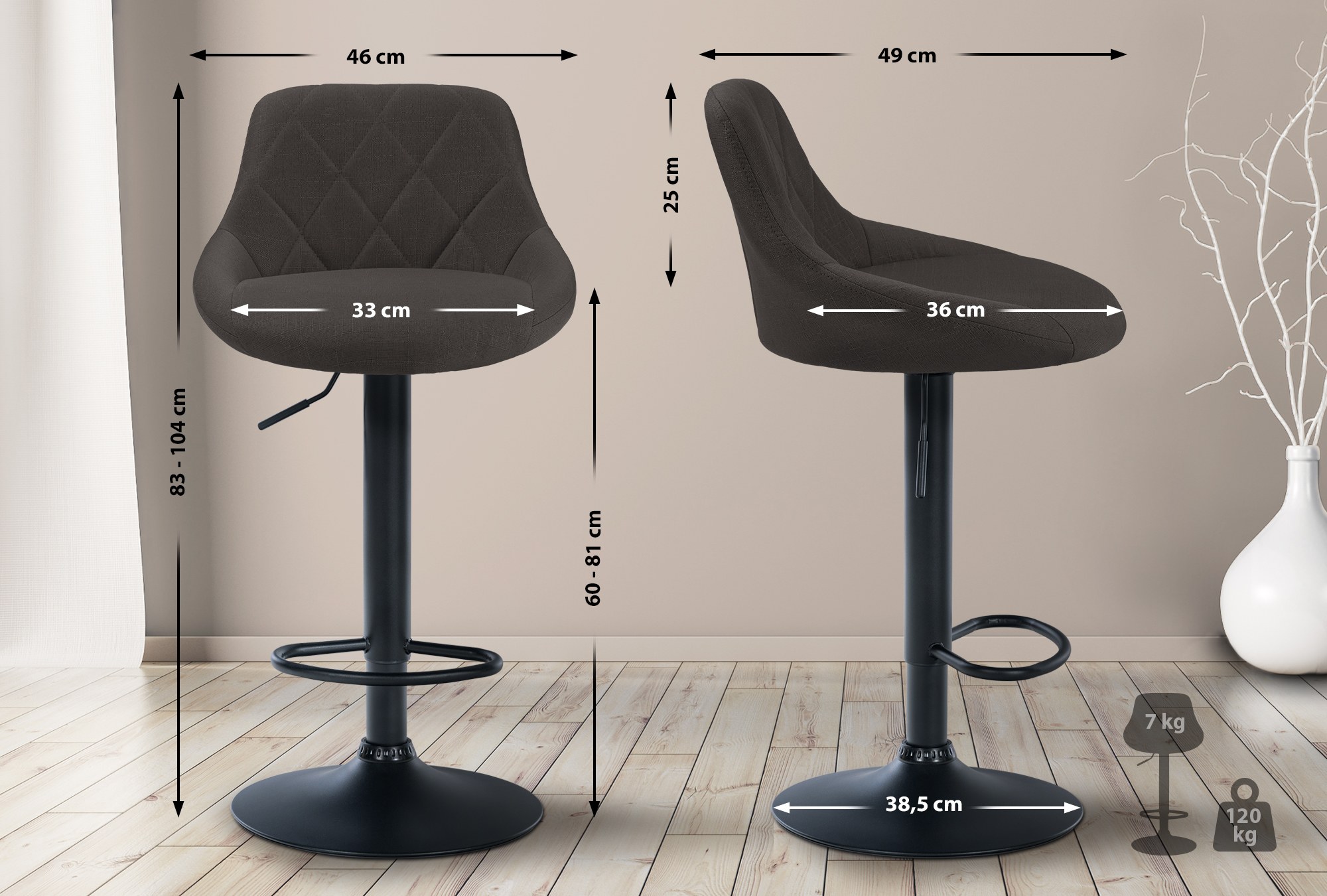 Tabouret de bar Lazio en Tissu Hauteur réglable siège pivotant