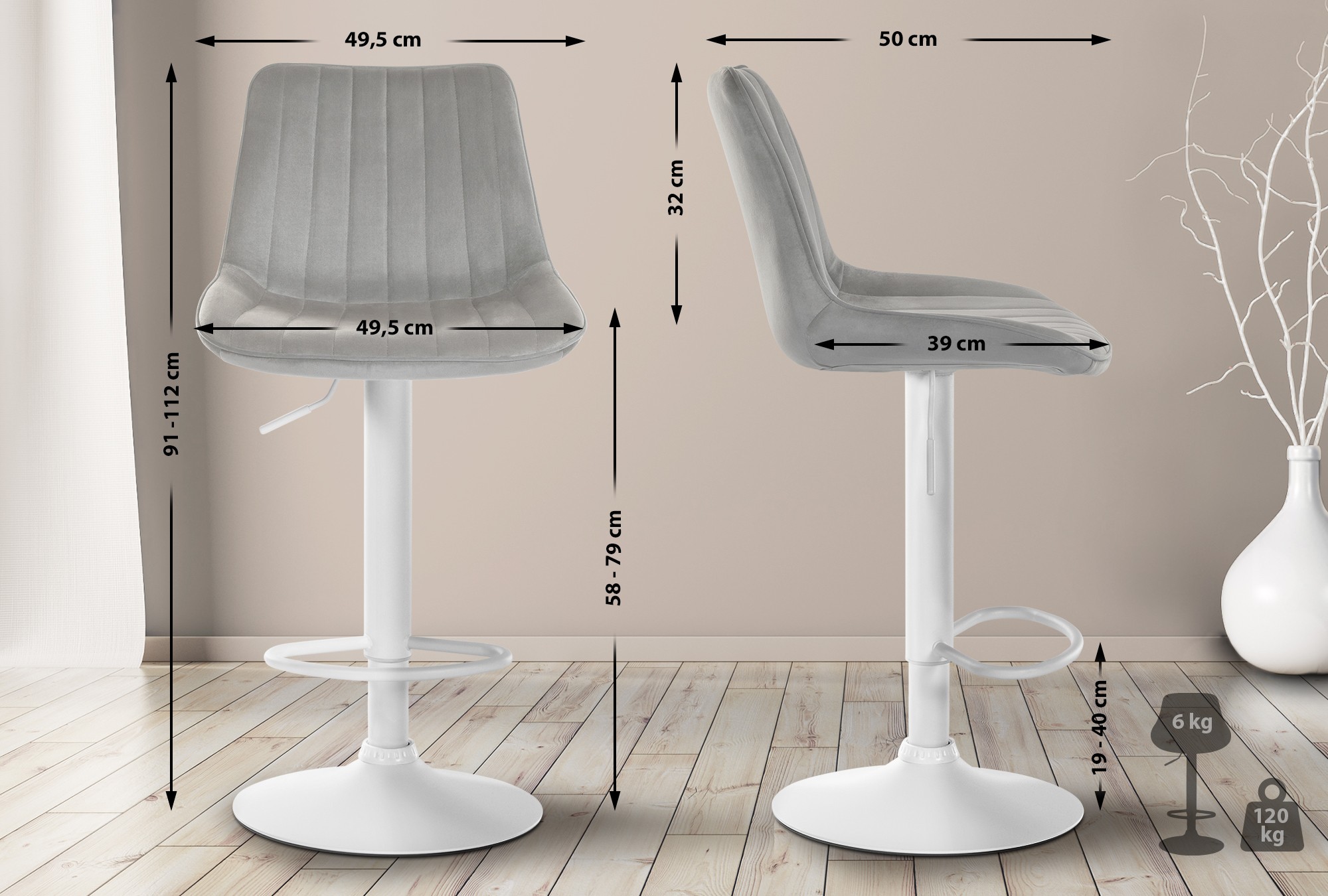 Lot de 2 tabourets de bar Toni velours