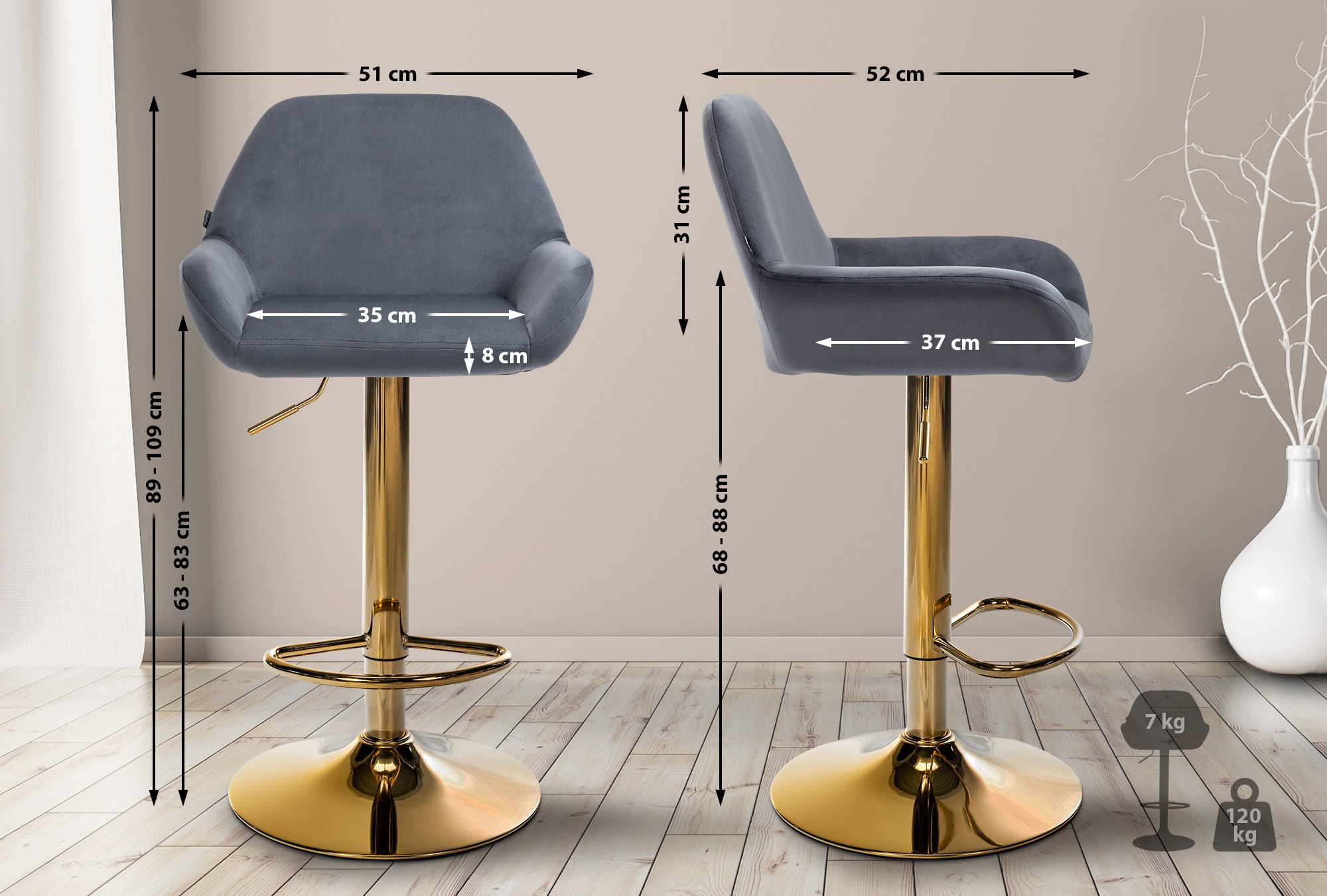 Lot de 2 tabourets de bar Braga or velours