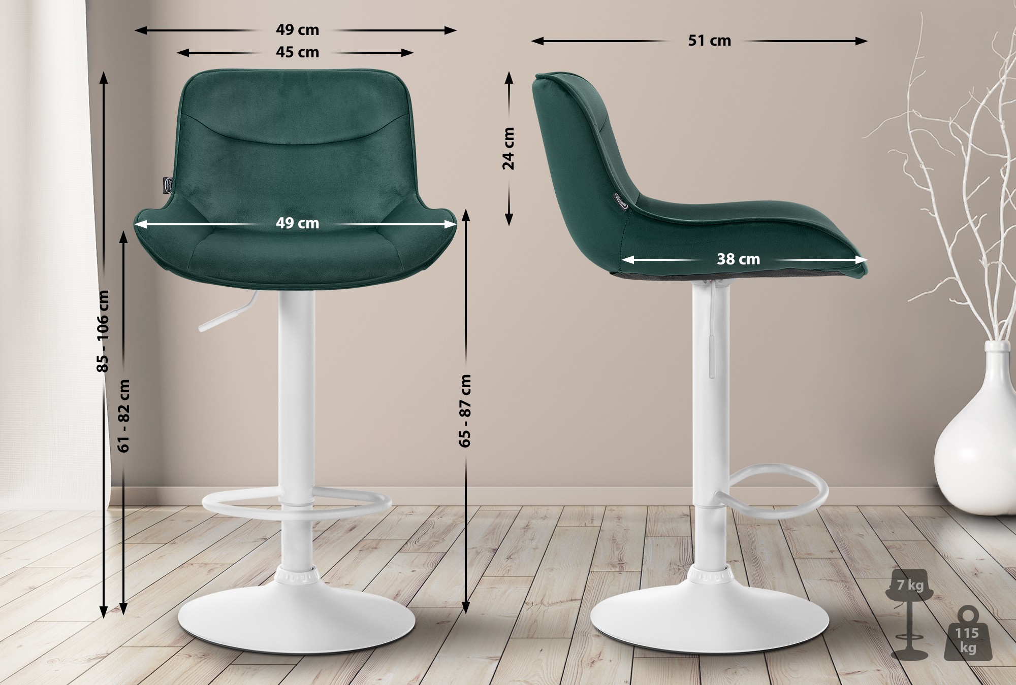 Lot de 2 tabourets de bar Vonore velours
