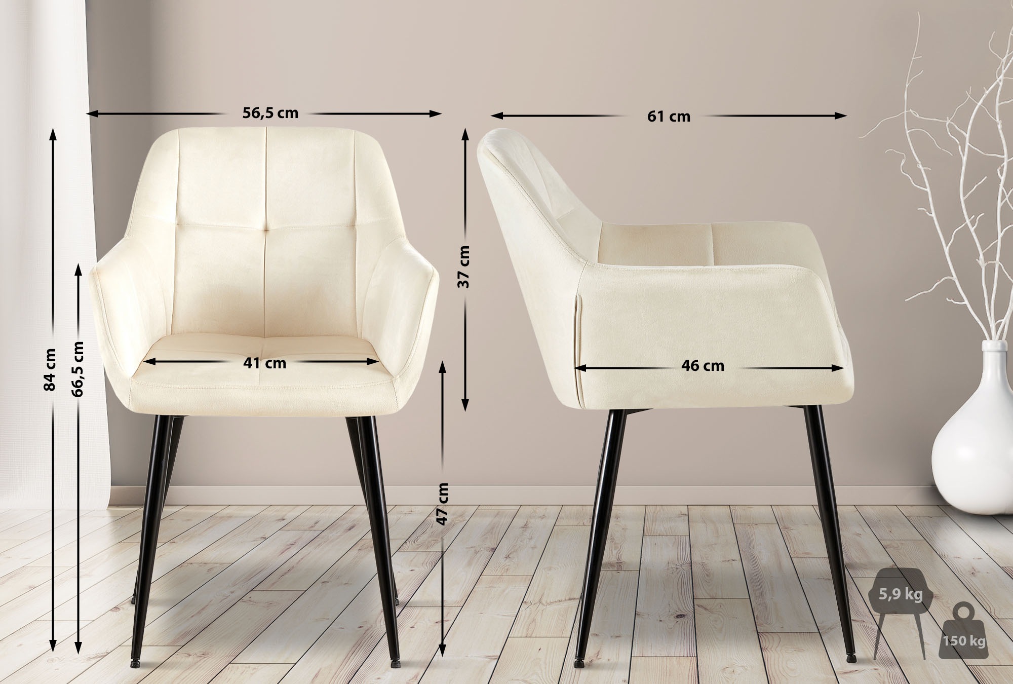 Lot de 4 Chaises de salle à manger Emia en Velours avec Piètement en Métal noir