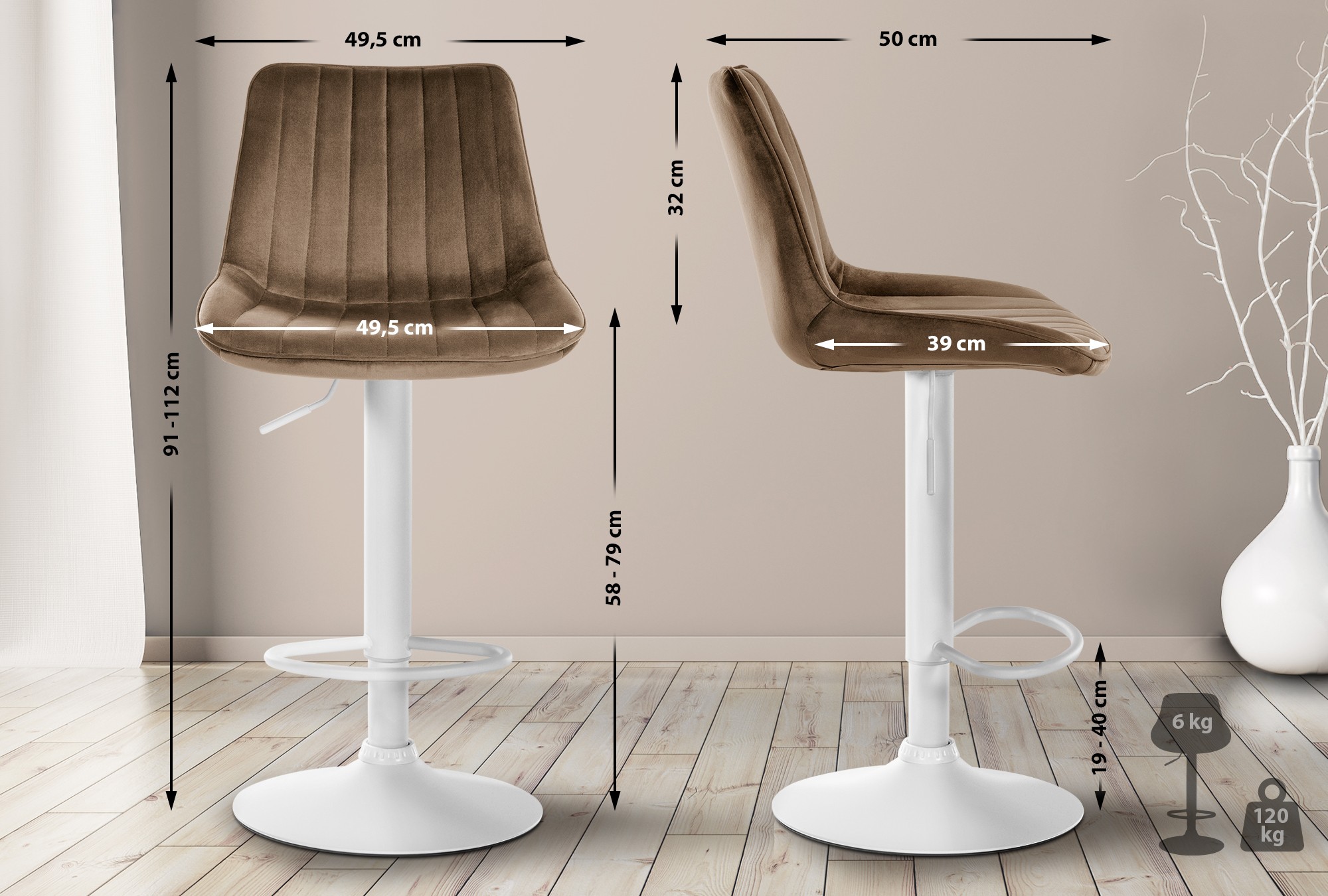 Lot de 2 tabourets de bar Toni velours
