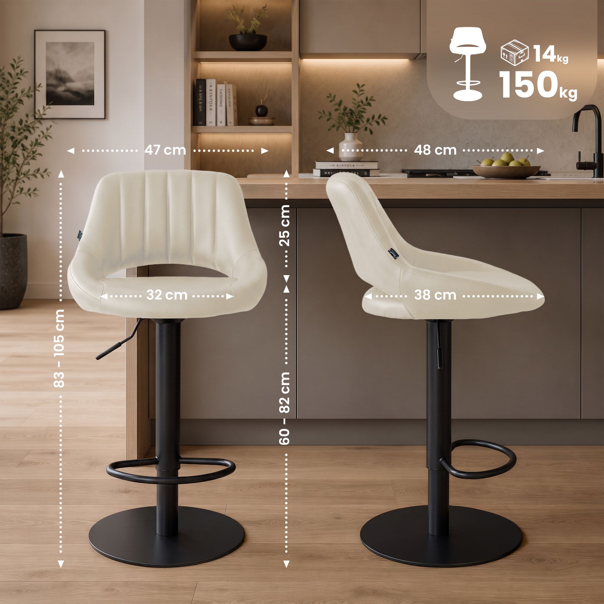 Lot de 2 tabourets de bar Milet noirs avec bases extra lourdes
