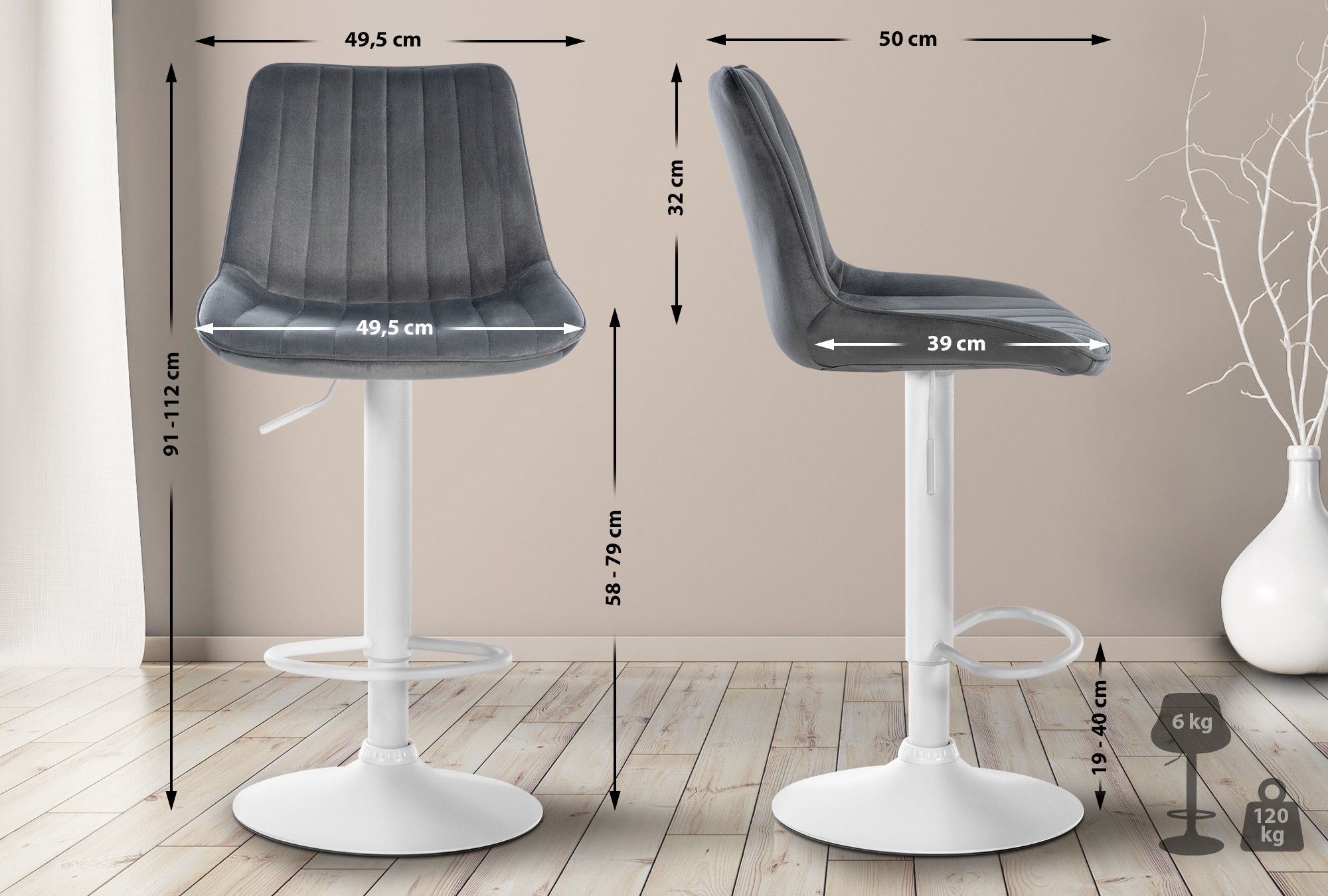 Tabouret de bar Toni en velours