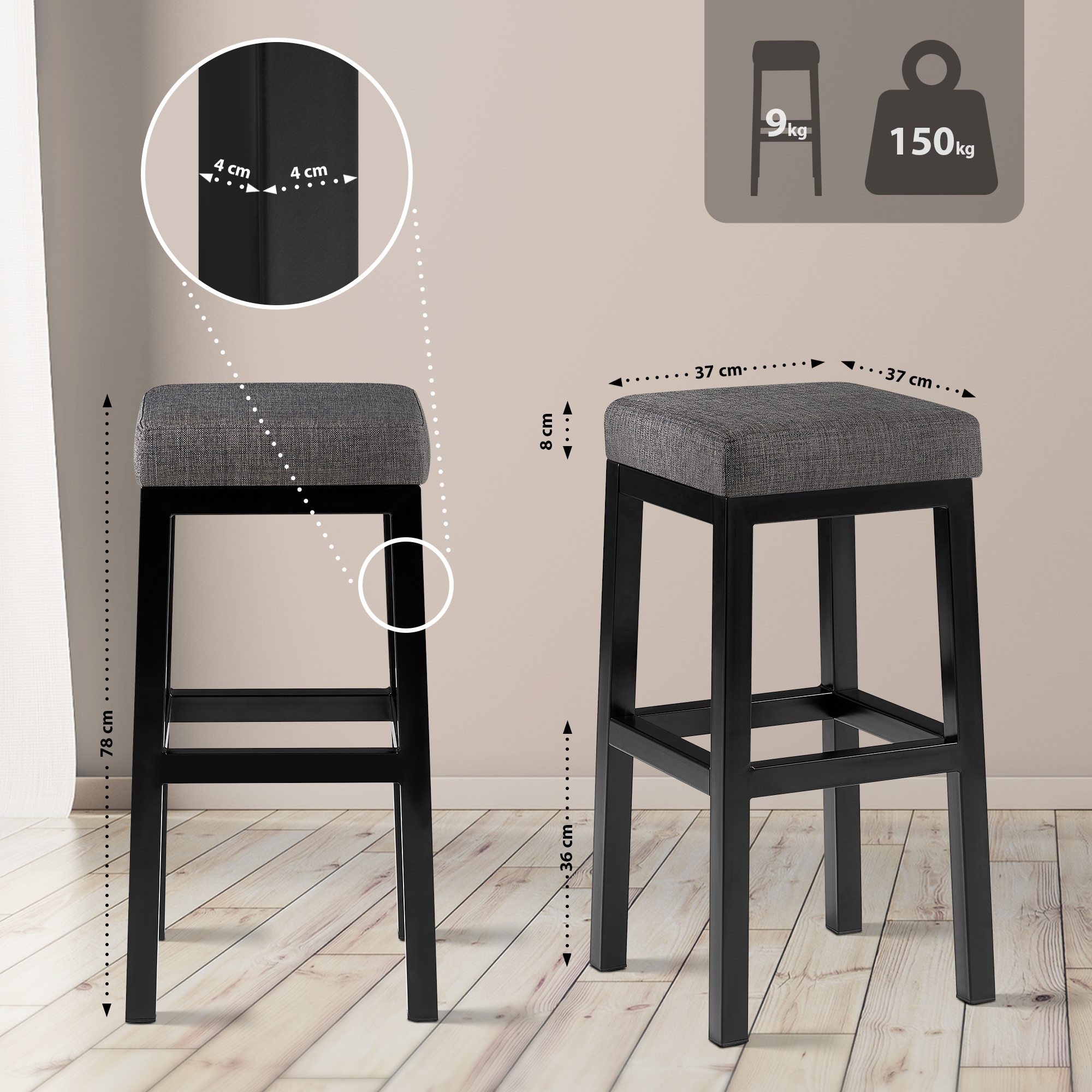 Tabouret de bar Taylor tissu hauteur d'assise 78 cm piètement métal noir