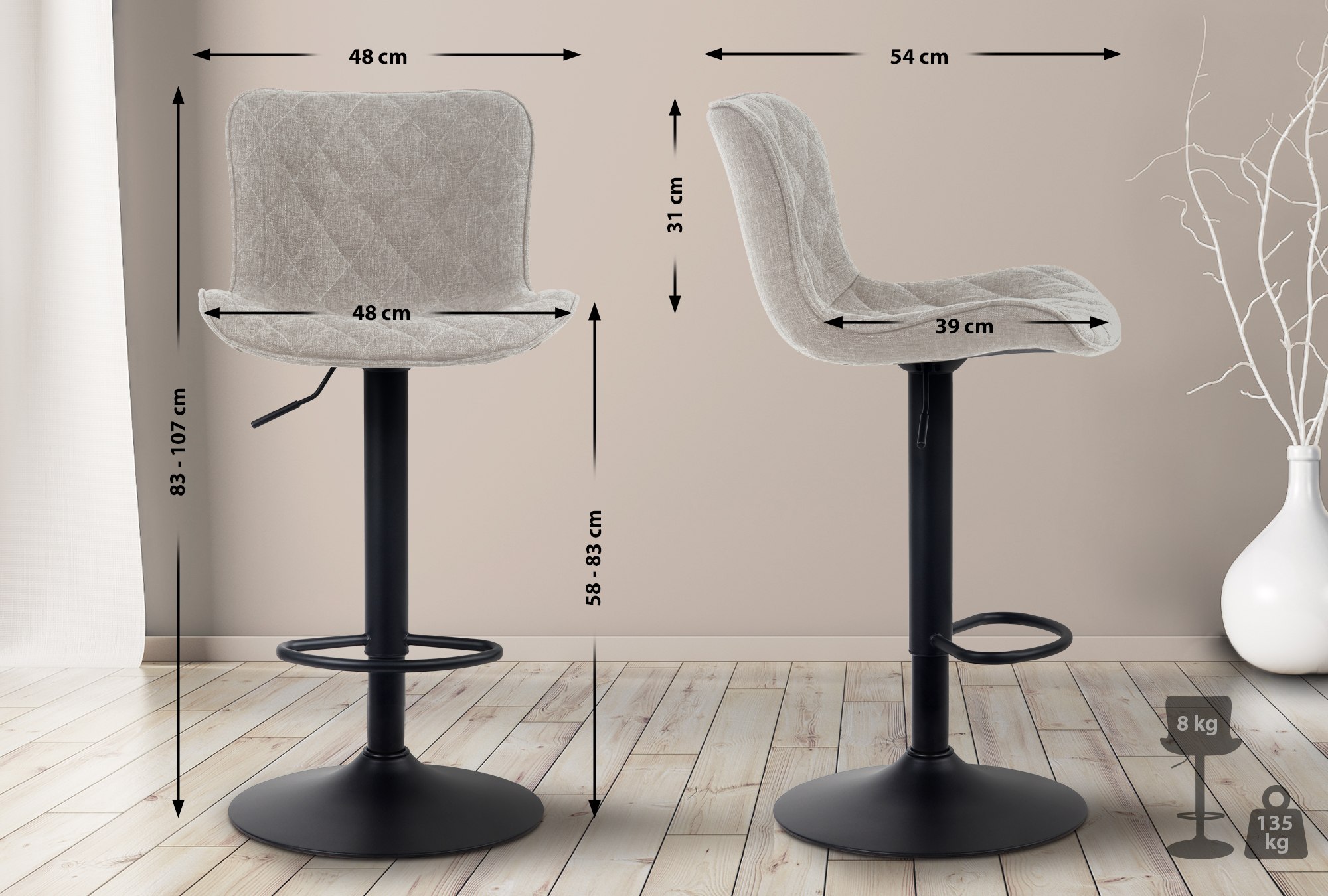 Tabouret de bar Emma Pied en Métal Hauteur réglable Siège pivotant