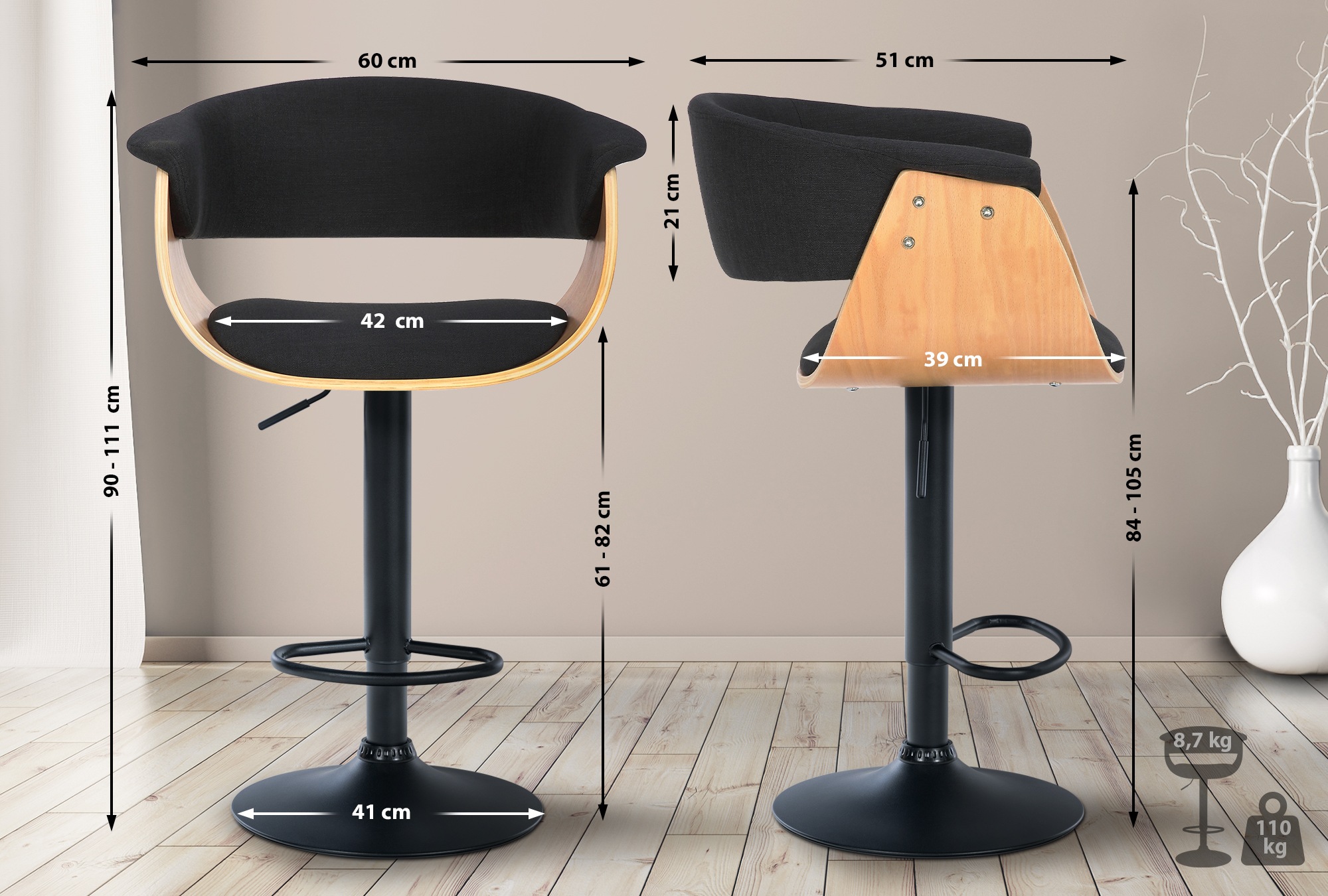 Tabouret de bar Vestal avec Coque en bois réglable pivotant