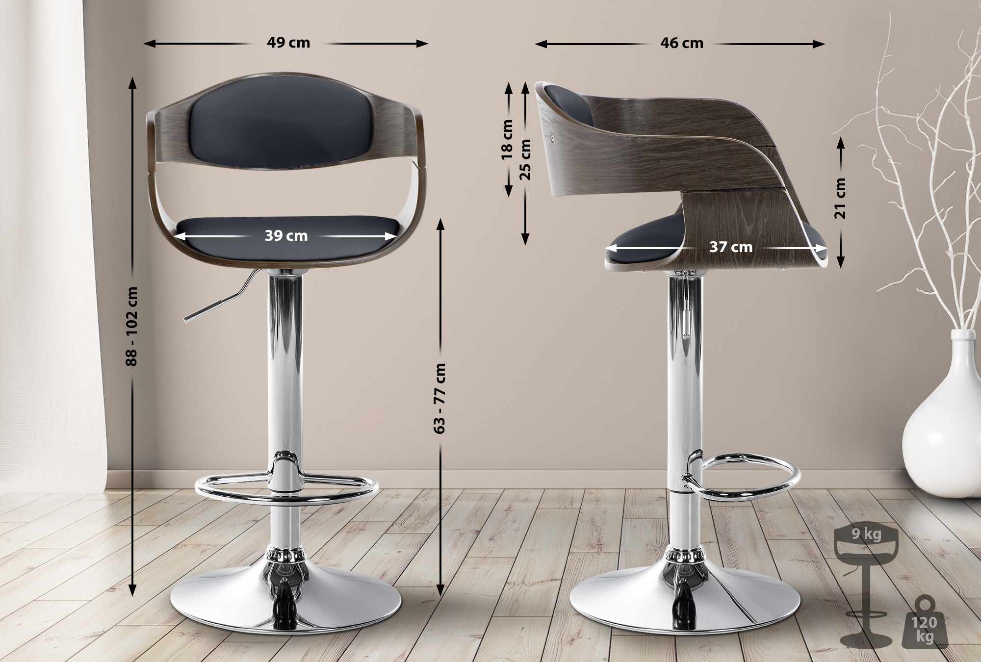 Tabouret de bar Kingston avec Coque en bois Assise en similicuir