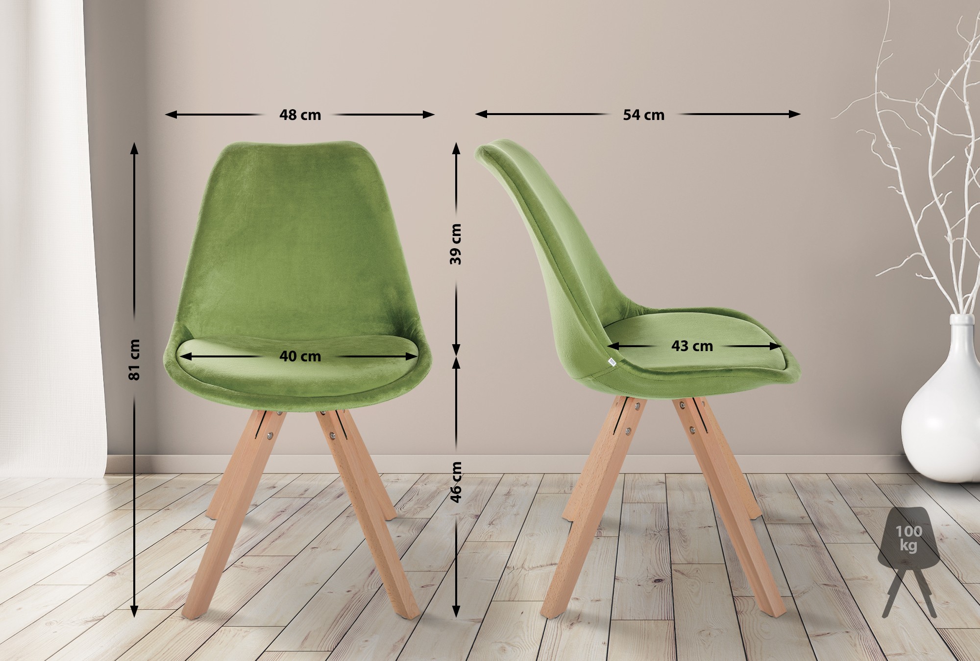 Lot de 4 chaises de salle à manger Sofia en velours Pieds en bois